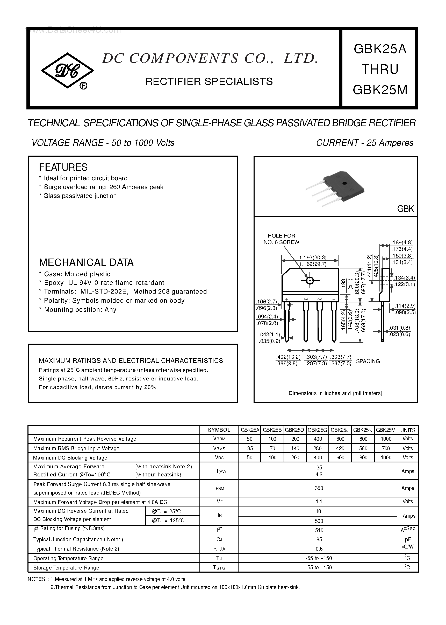 Datasheet GBK25A - (GBK25A - GBK25M) TECHNICAL SPECIFICATIONS OF SINGLE-PHASE GLASS PASSIVATED BRIDGE RECTIFIER page 1