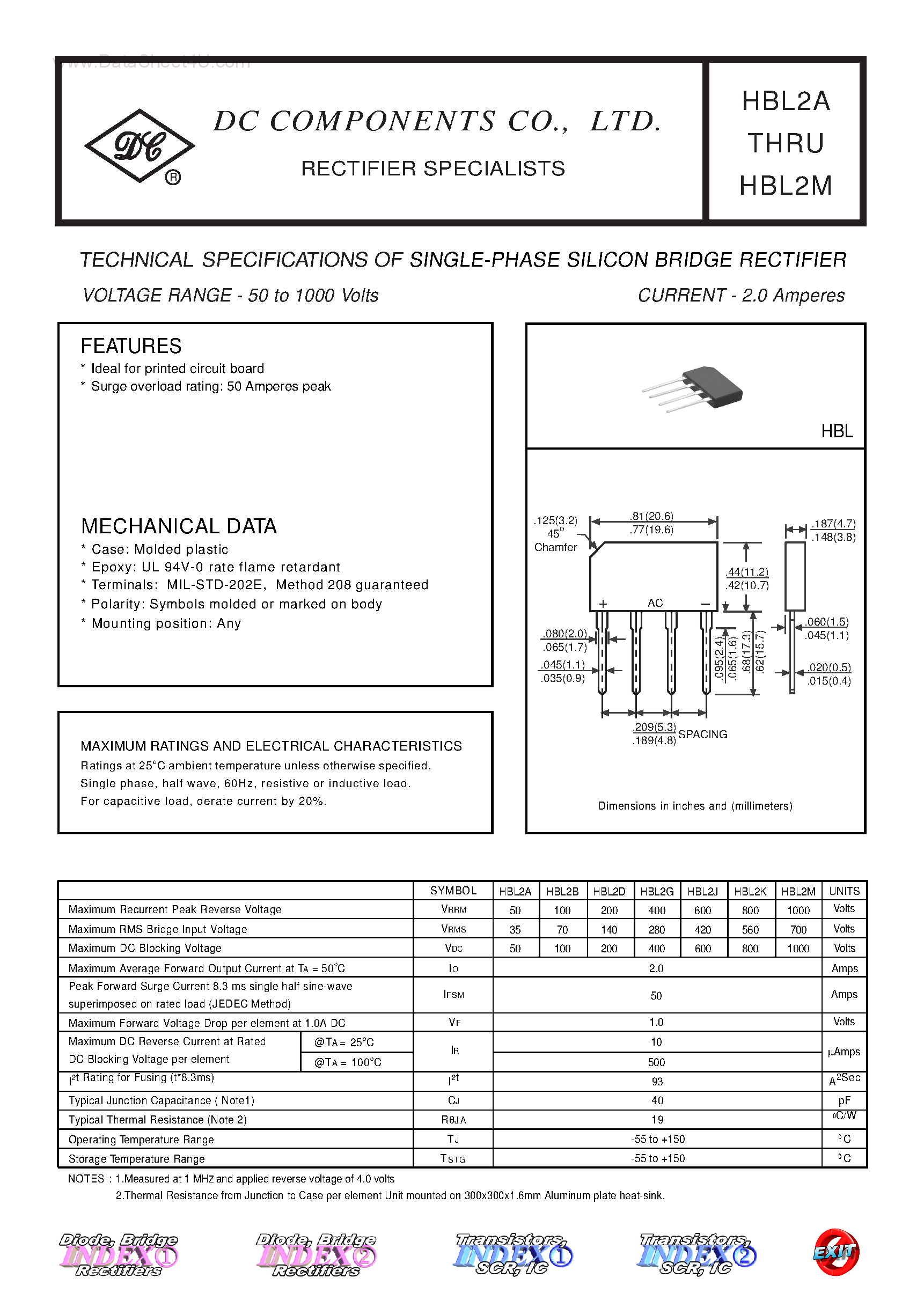 Datasheet HBL2A - (HBL2A - HBL2M) TECHNICAL SPECIFICATIONS OF SINGLE-PHASE SILICON BRIDGE RECTIFIER page 1