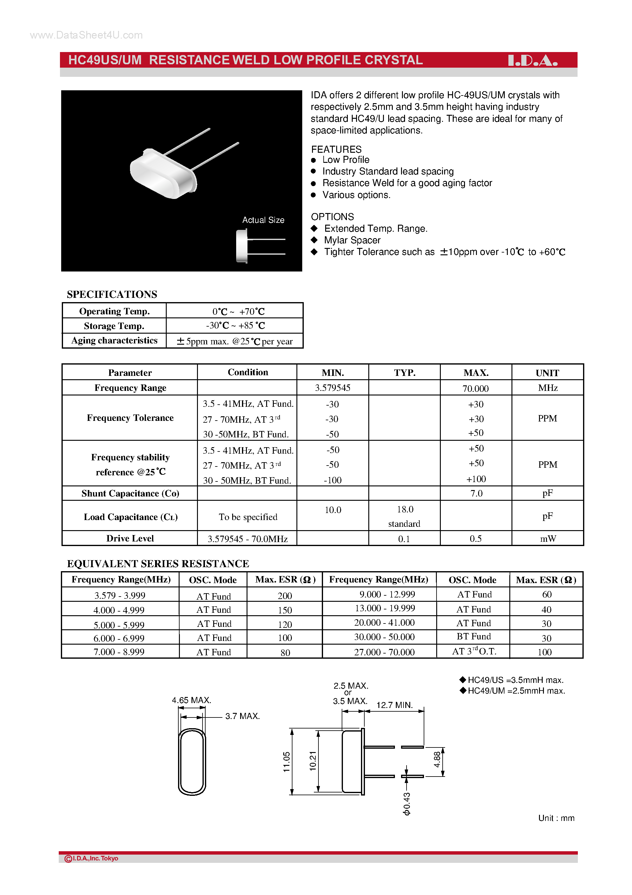 Datasheet HC49UM page 1 Datasheet HC49UM - (HC49US/UM) Resistance Weld Low Profile Crystal page 1