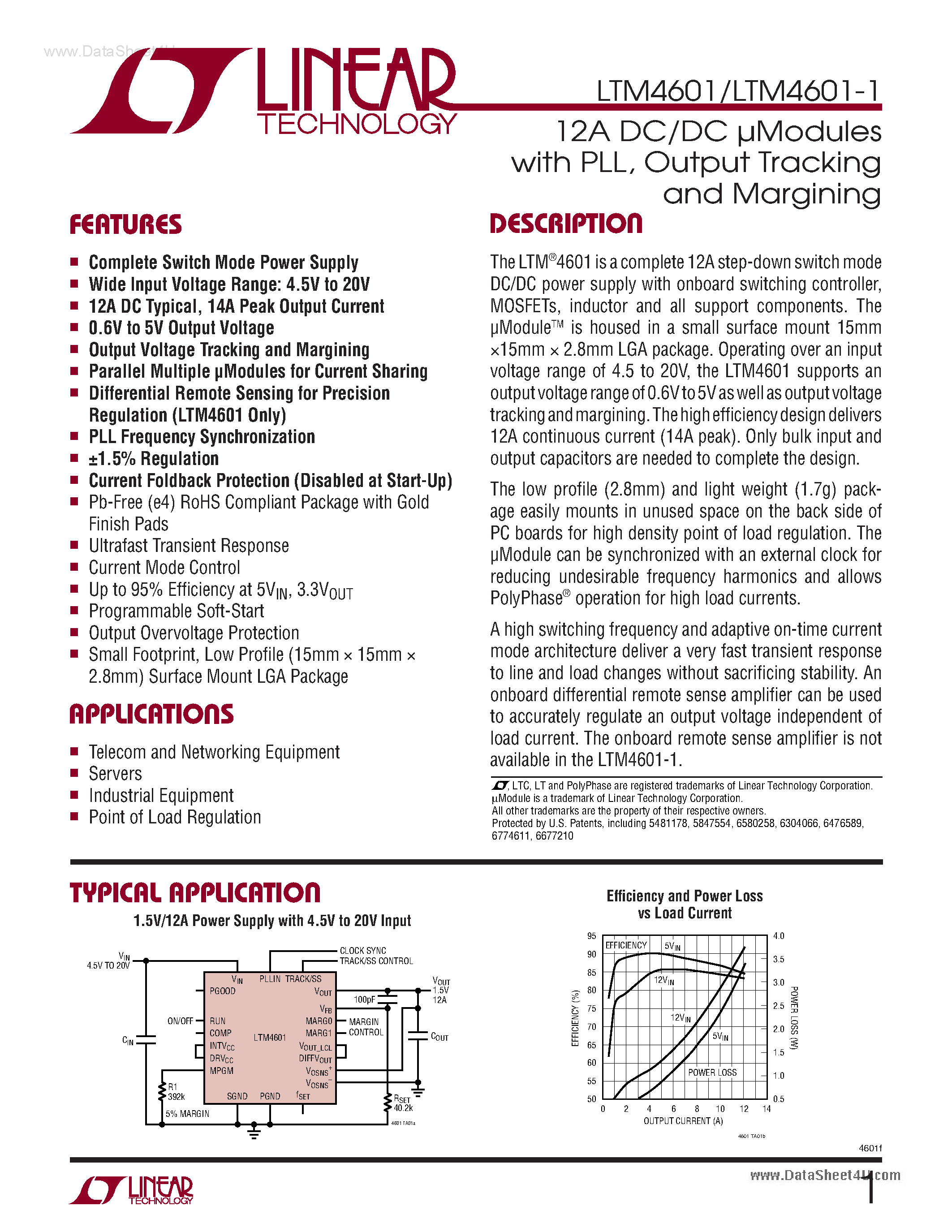 Datasheet LTM4601 - step-down switch mode DC/DC power supply page 1