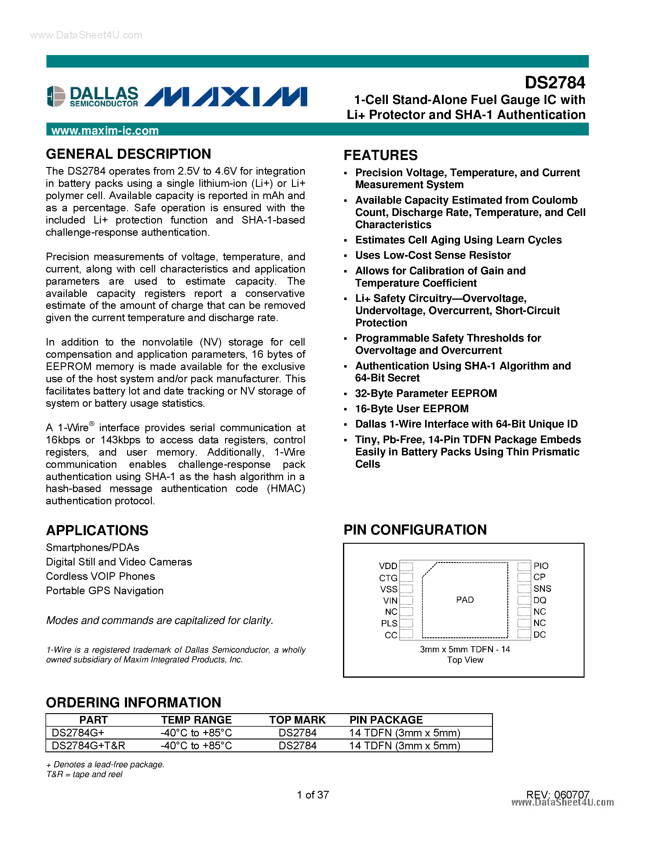 Datasheet DS2784 page 1 Datasheet DS2784 - 1-Cell Stand-Alone Fuel Gauge IC page 1