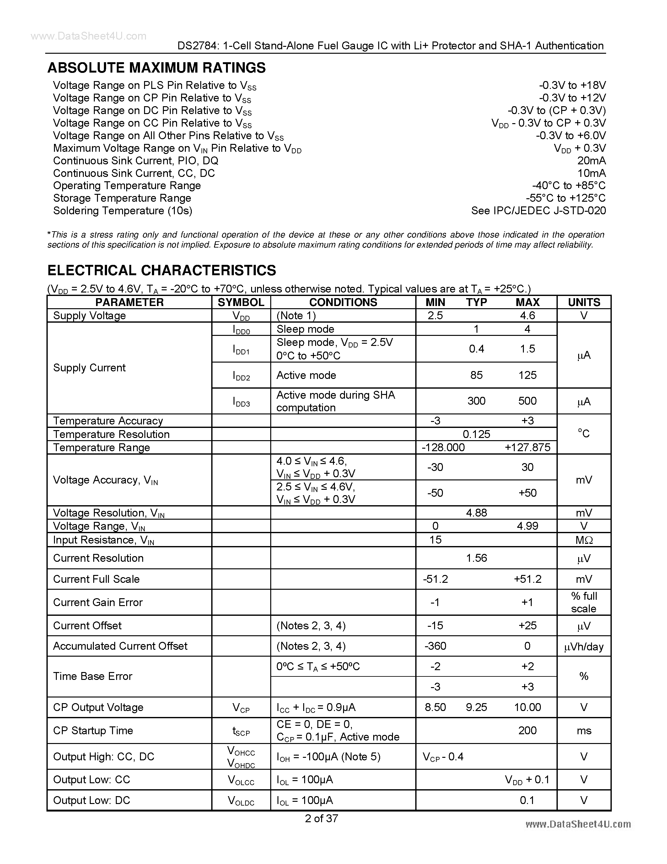 Datasheet DS2784 page 2 Datasheet DS2784 - 1-Cell Stand-Alone Fuel Gauge IC page 2