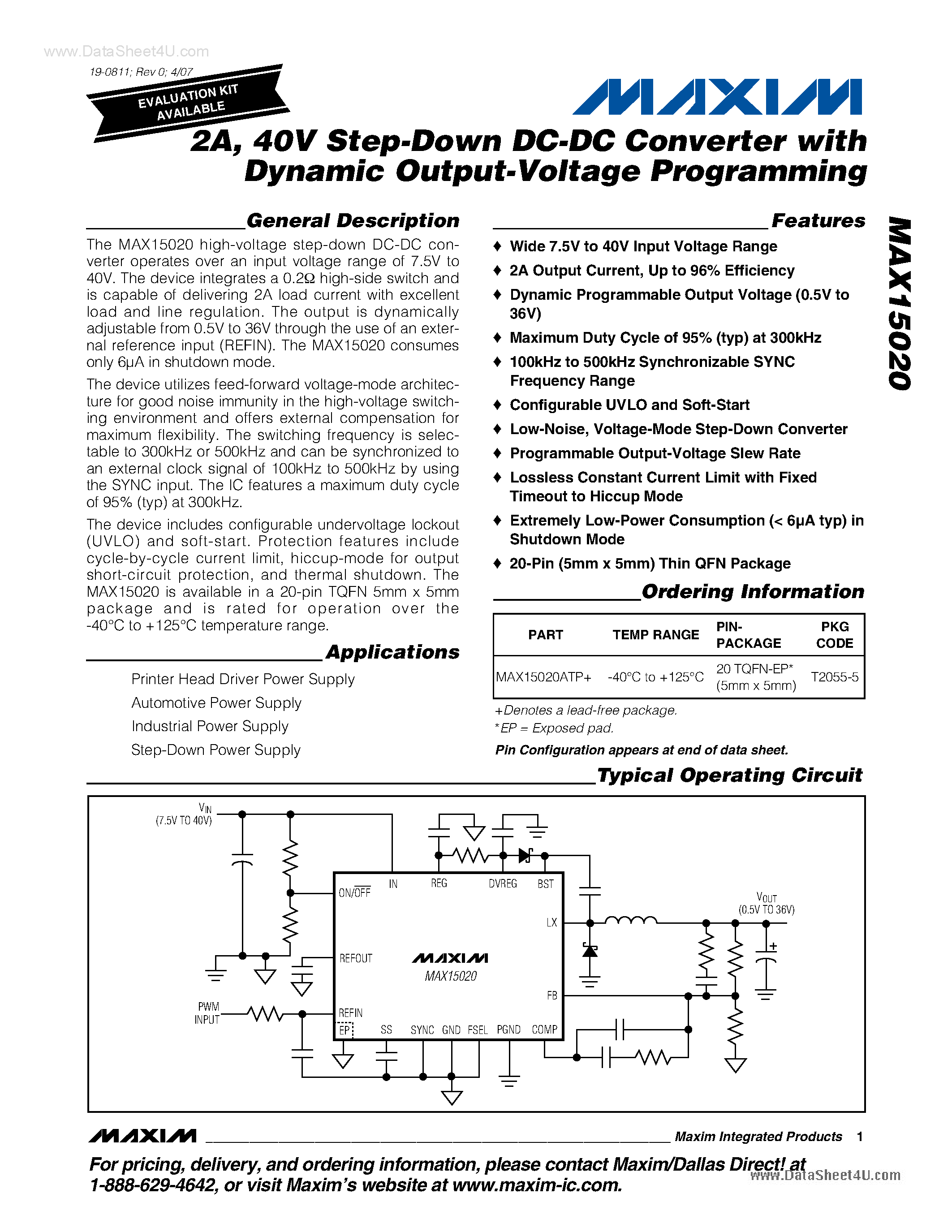 Datasheet MAX15020 - Step-Down DC-DC Converter page 1