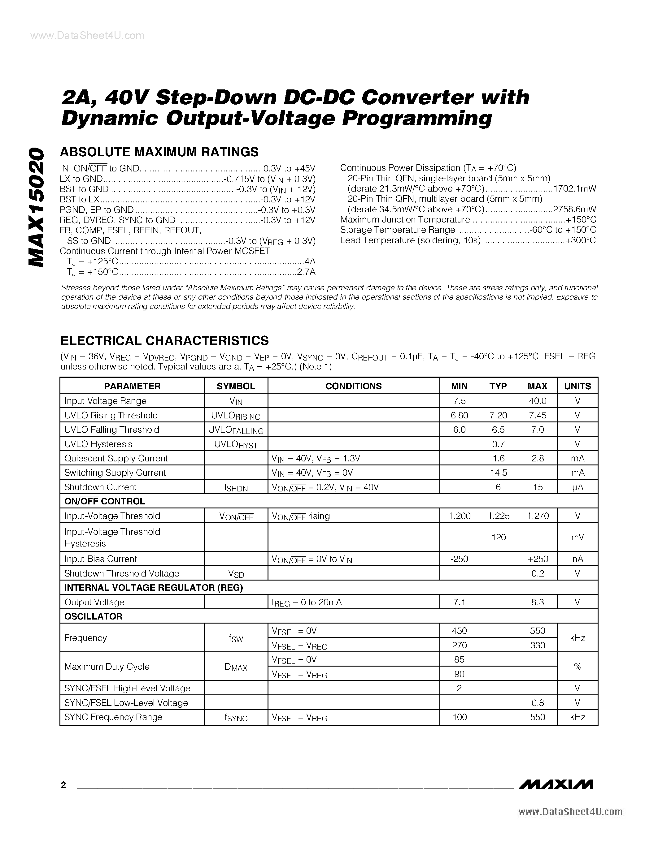 Datasheet MAX15020 - Step-Down DC-DC Converter page 2