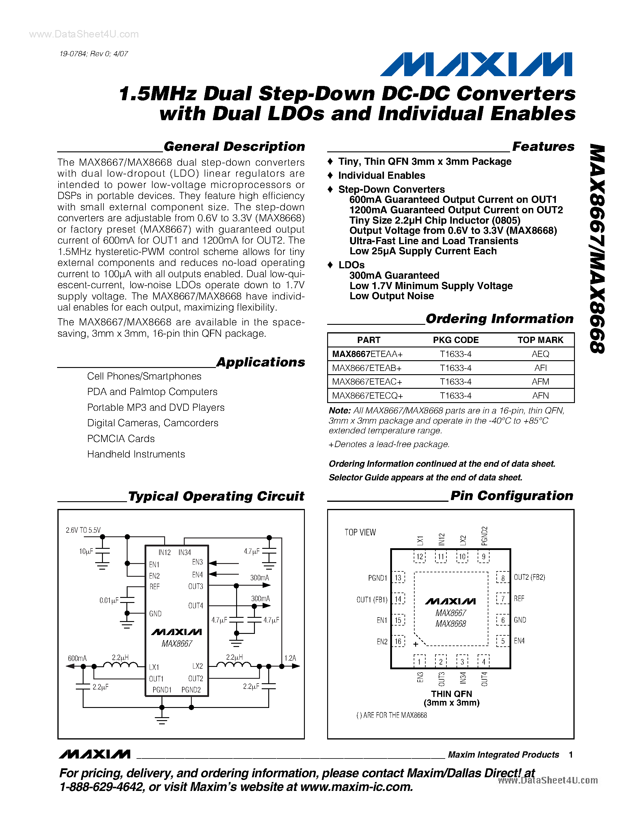 Datasheet MAX8667 - (MAX8667 / MAX8668) First Dual Step-Down DC-DC Converters page 1