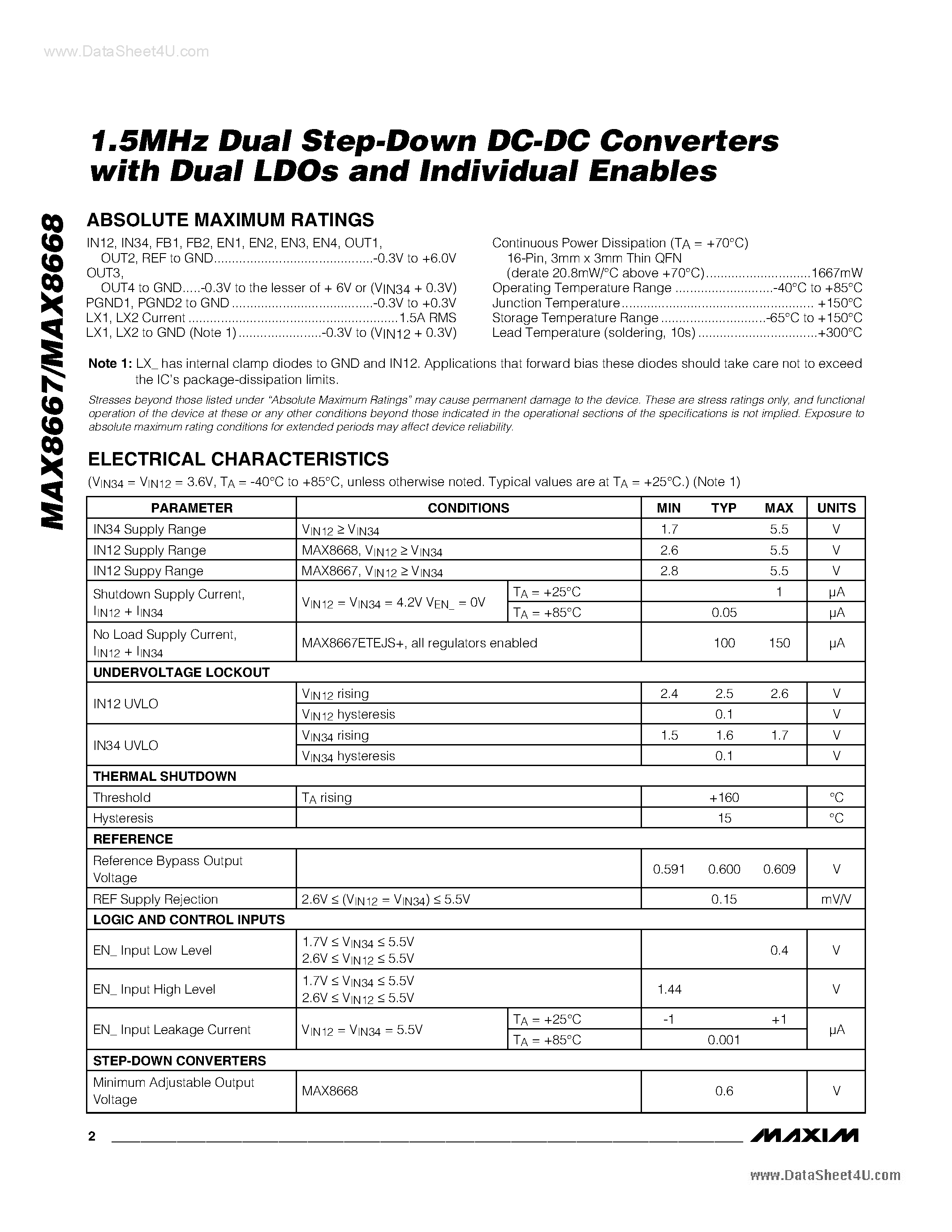 Datasheet MAX8667 - (MAX8667 / MAX8668) First Dual Step-Down DC-DC Converters page 2