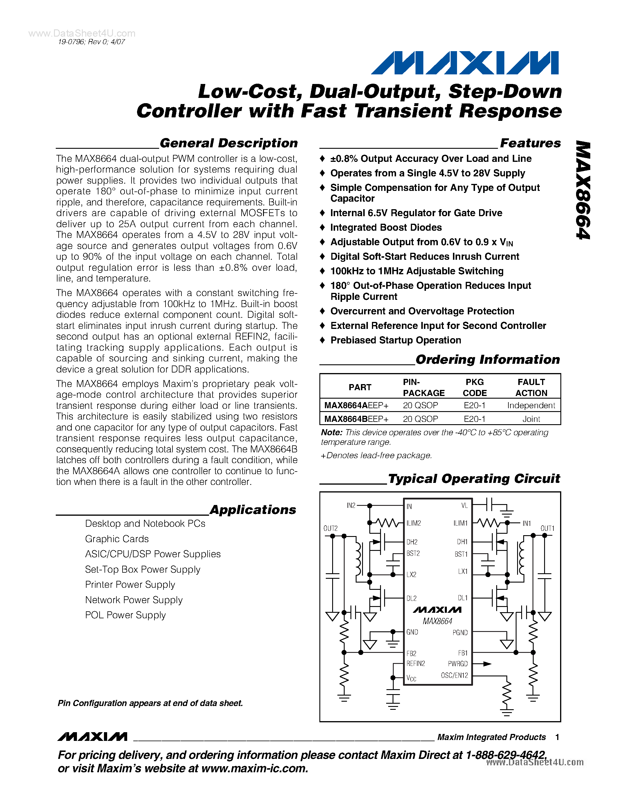 Datasheet MAX8664 - Step-Down Controller page 1