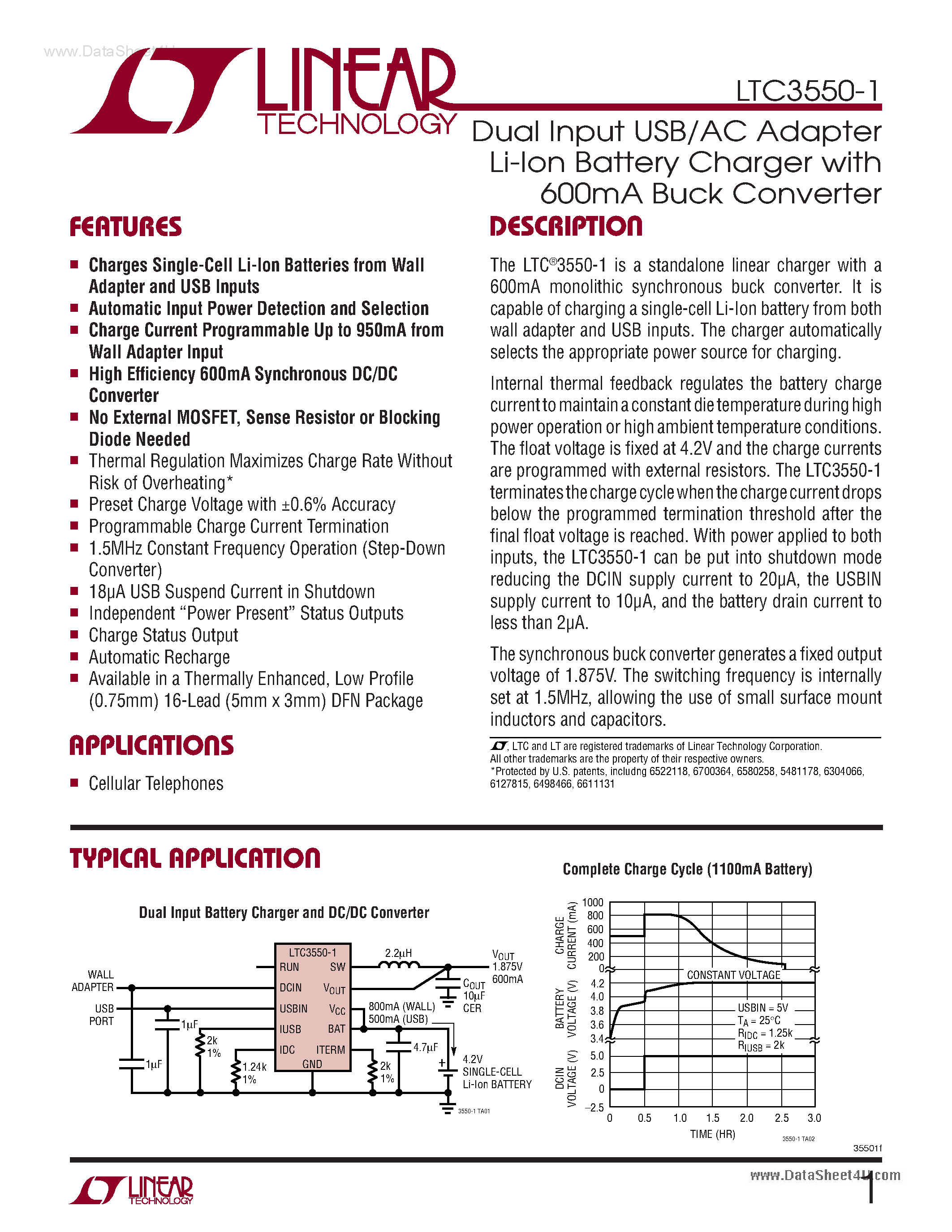 Datasheet LTC3550-1 - Dual Input USB/AC Adapter Li-Ion Battery Charger page 1