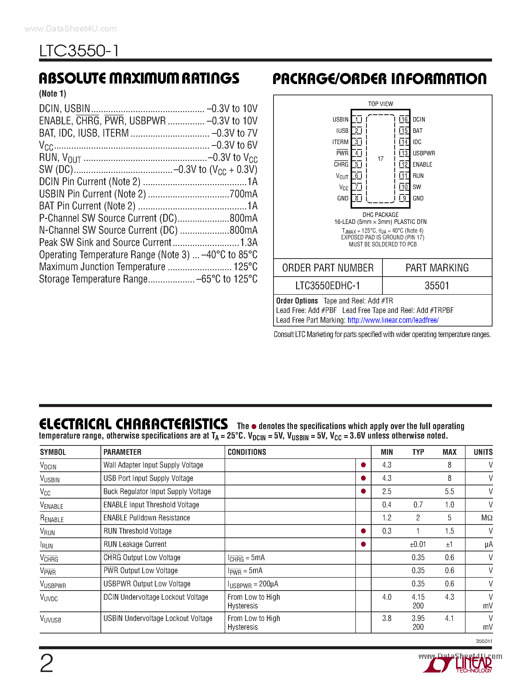 Datasheet LTC3550-1 - Dual Input USB/AC Adapter Li-Ion Battery Charger page 2