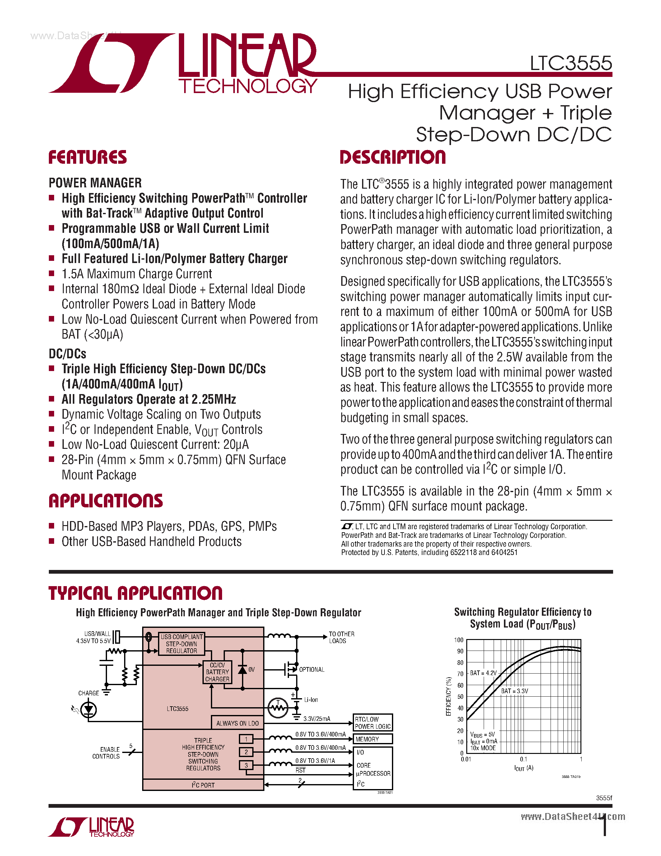Datasheet LTC3555 - High Efficiency USB Power Manager + Triple Step-Down DC/DC page 1