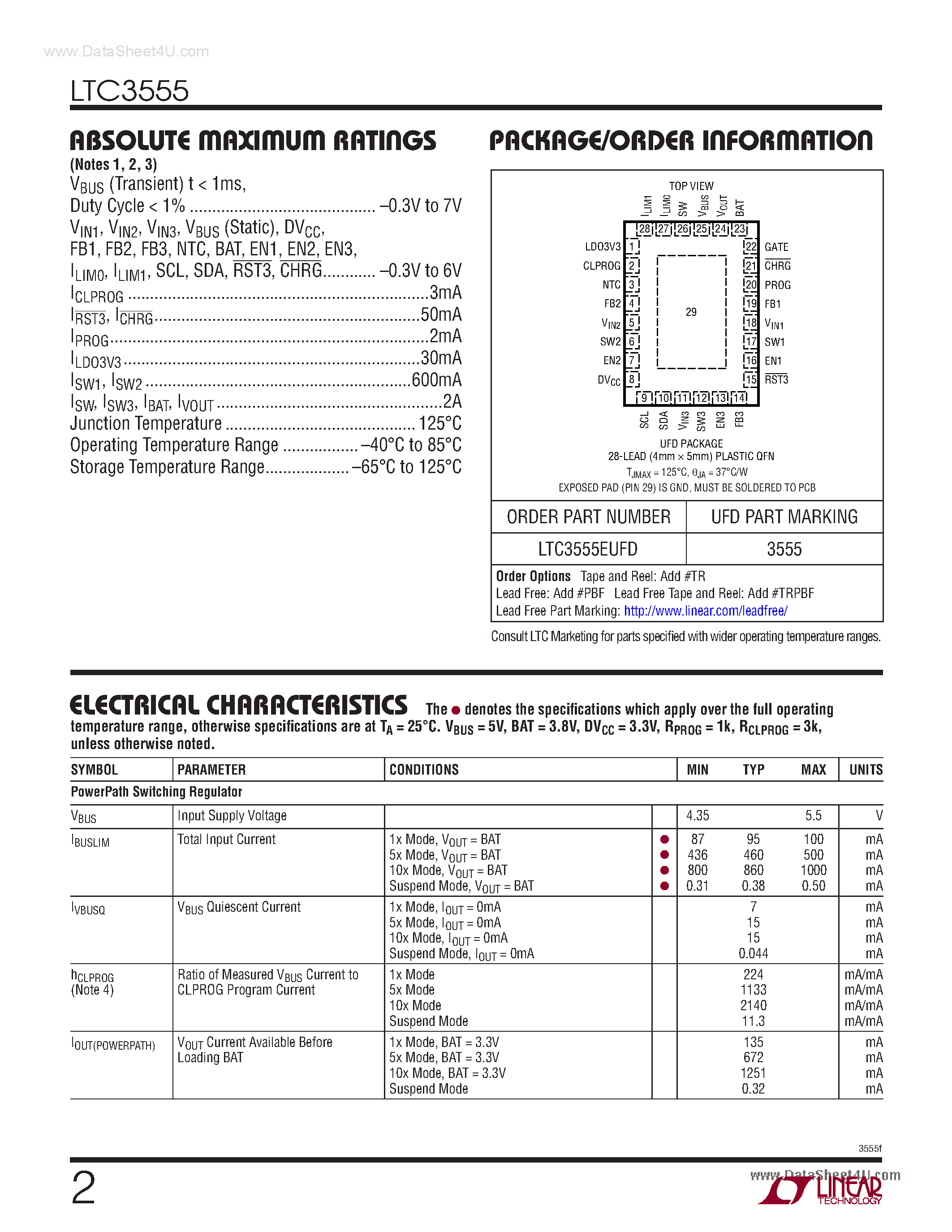 Datasheet LTC3555 - High Efficiency USB Power Manager + Triple Step-Down DC/DC page 2
