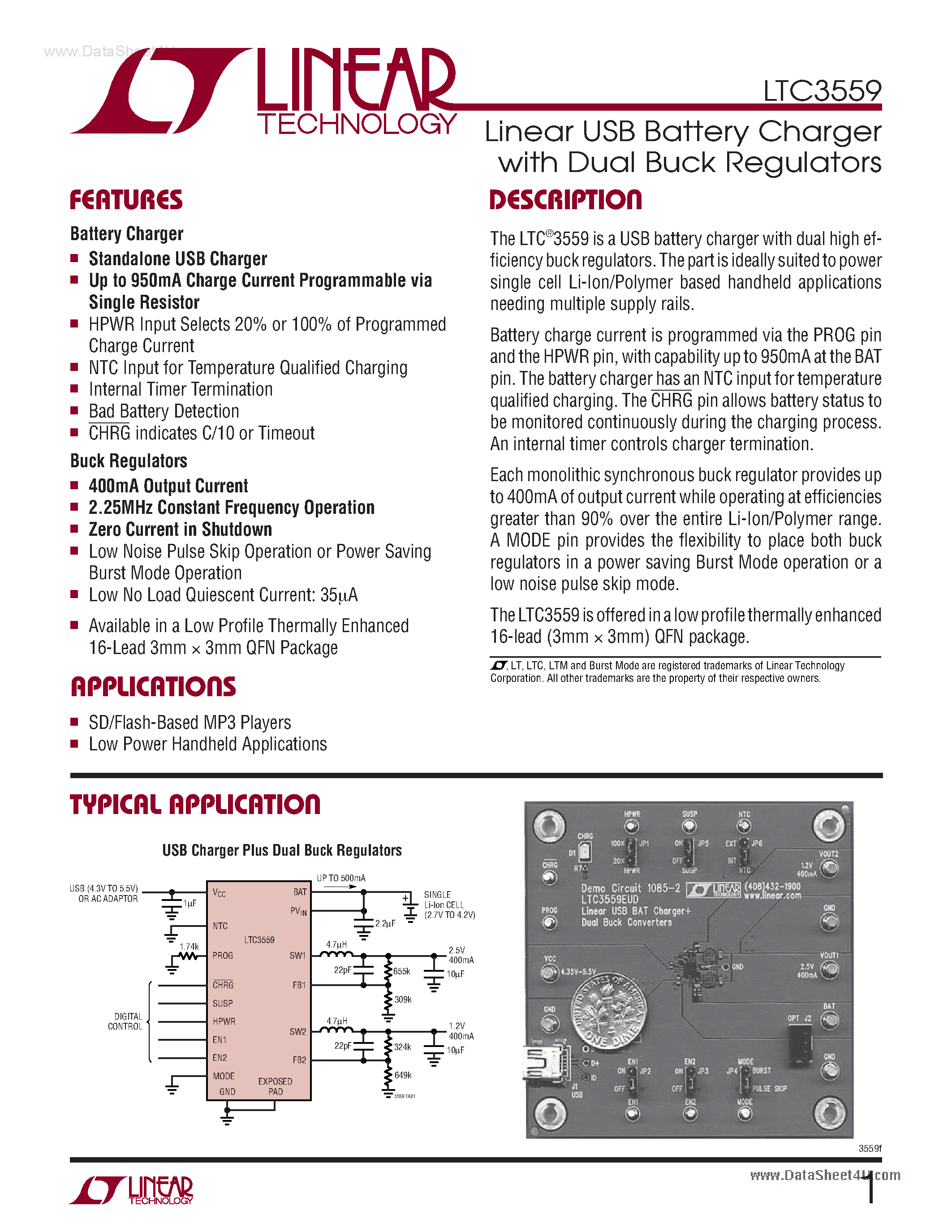 Datasheet LTC3559 - Linear USB Battery Charger page 1