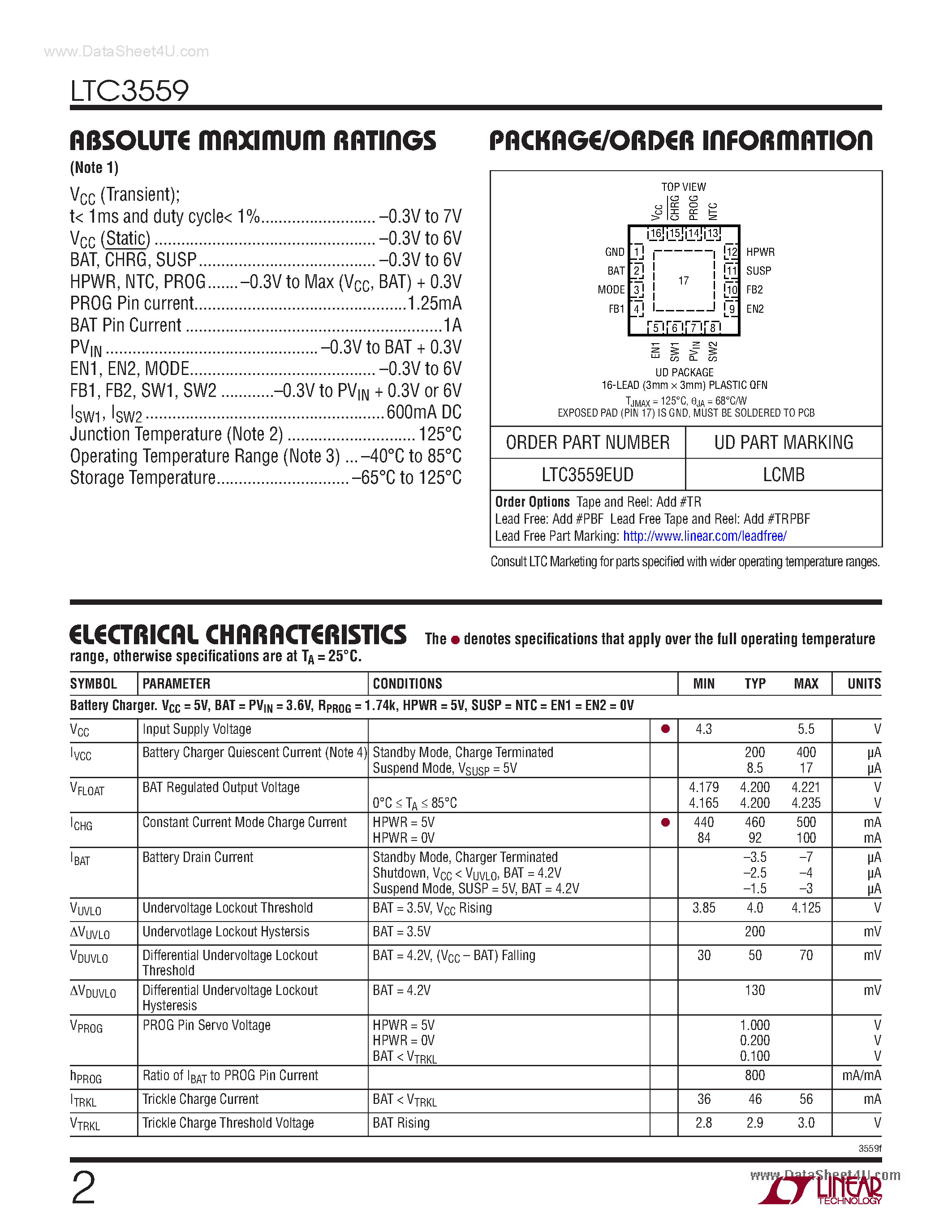 Datasheet LTC3559 - Linear USB Battery Charger page 2