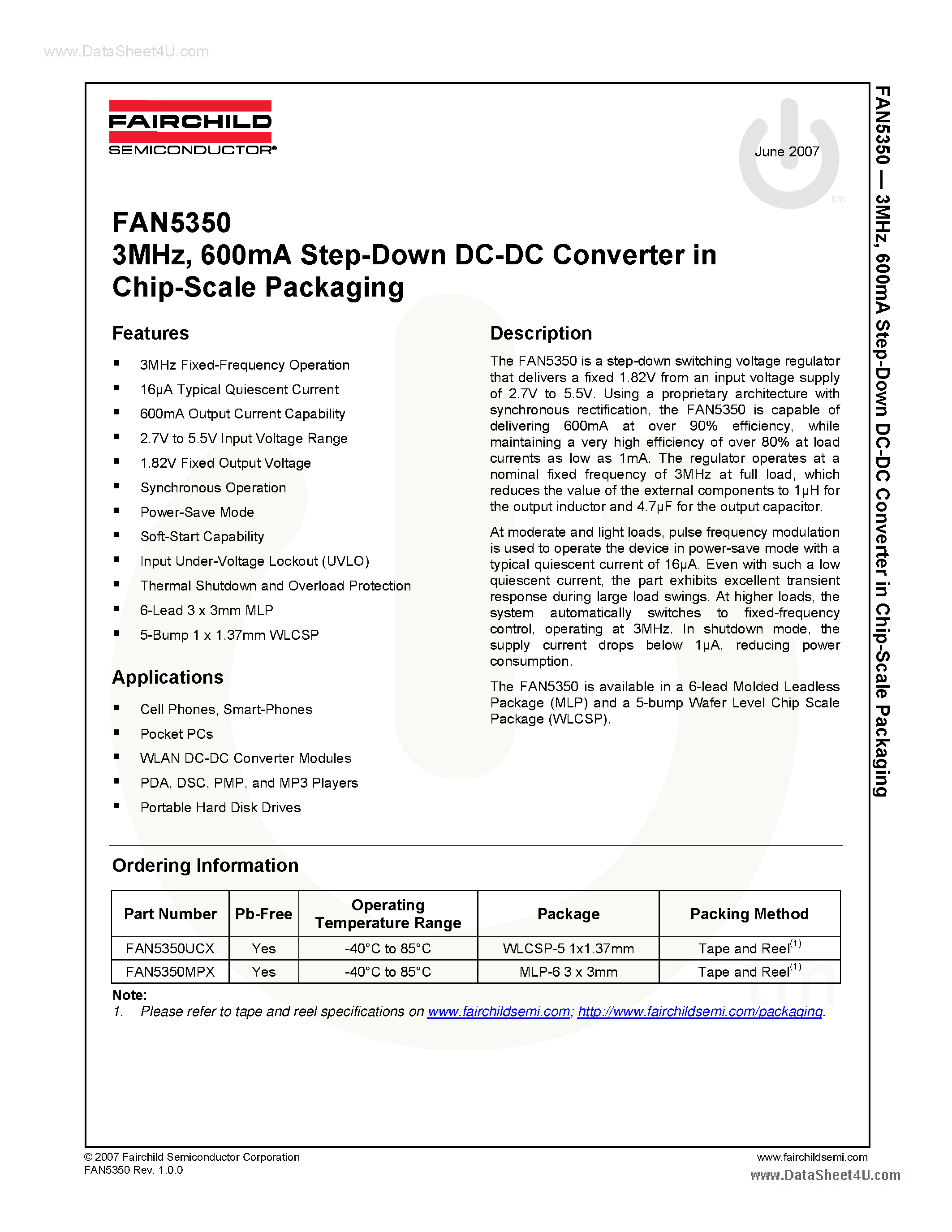 Datasheet FAN5350 - 3MHz 600mA DC/DC Buck Converter page 1