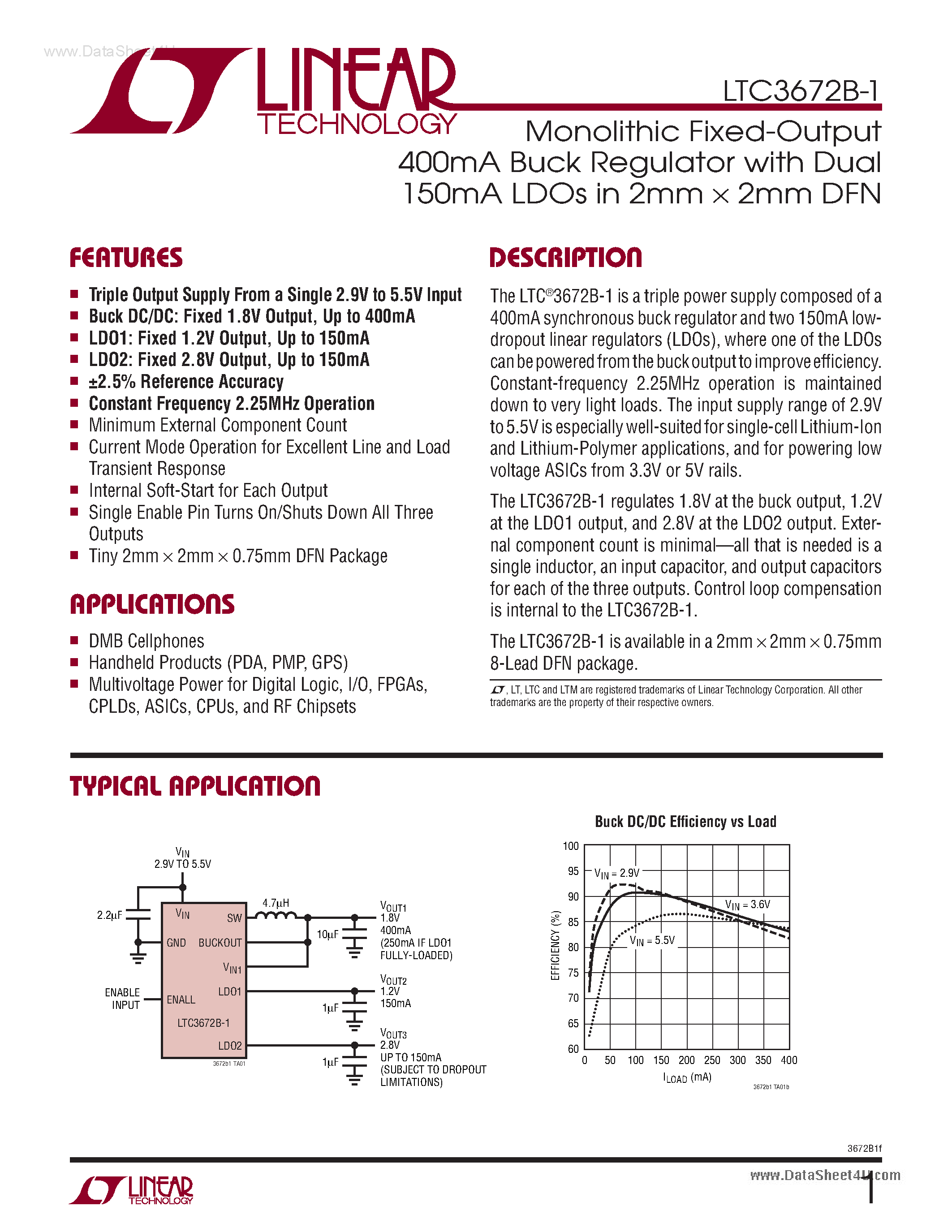 Даташит на микросхему LTC3672B-1 страница 1 Даташит LTC3672B-1 - Monolithic Fixed-Output 400mA Buck Regulator страница 1