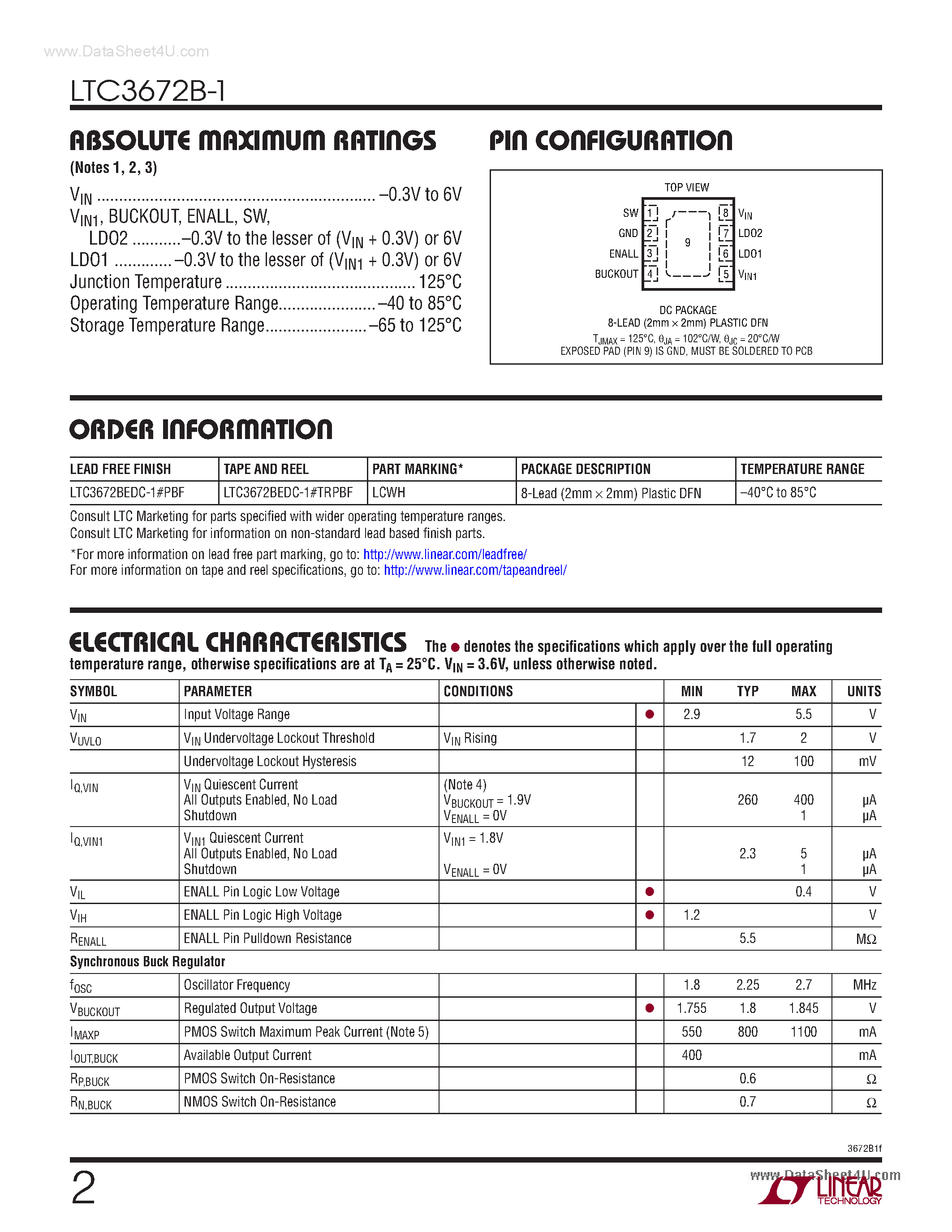 Даташит на микросхему LTC3672B-1 страница 2 Даташит LTC3672B-1 - Monolithic Fixed-Output 400mA Buck Regulator страница 2