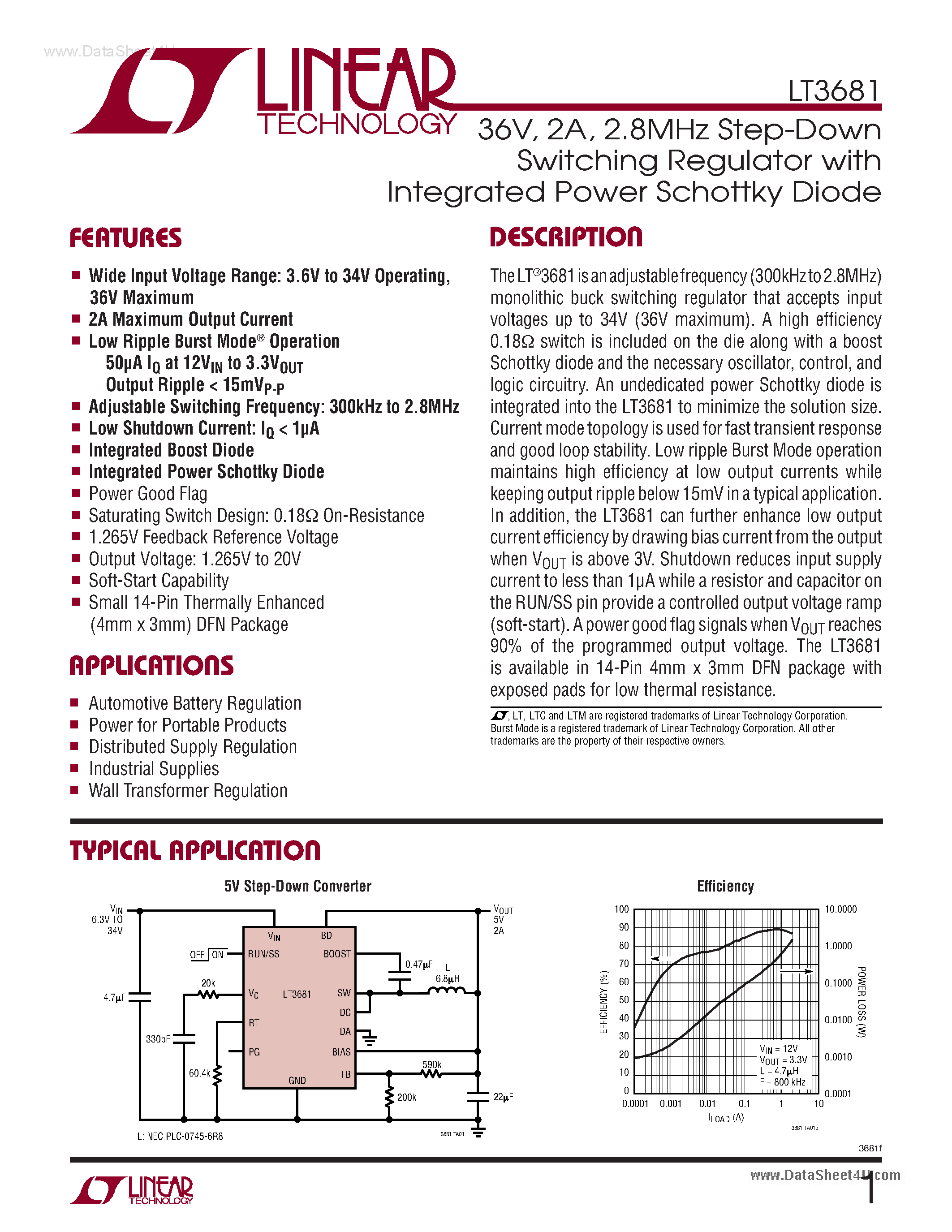 Datasheet LT3681 page 1 Datasheet LT3681 - Step-Down Switching Regulator page 1