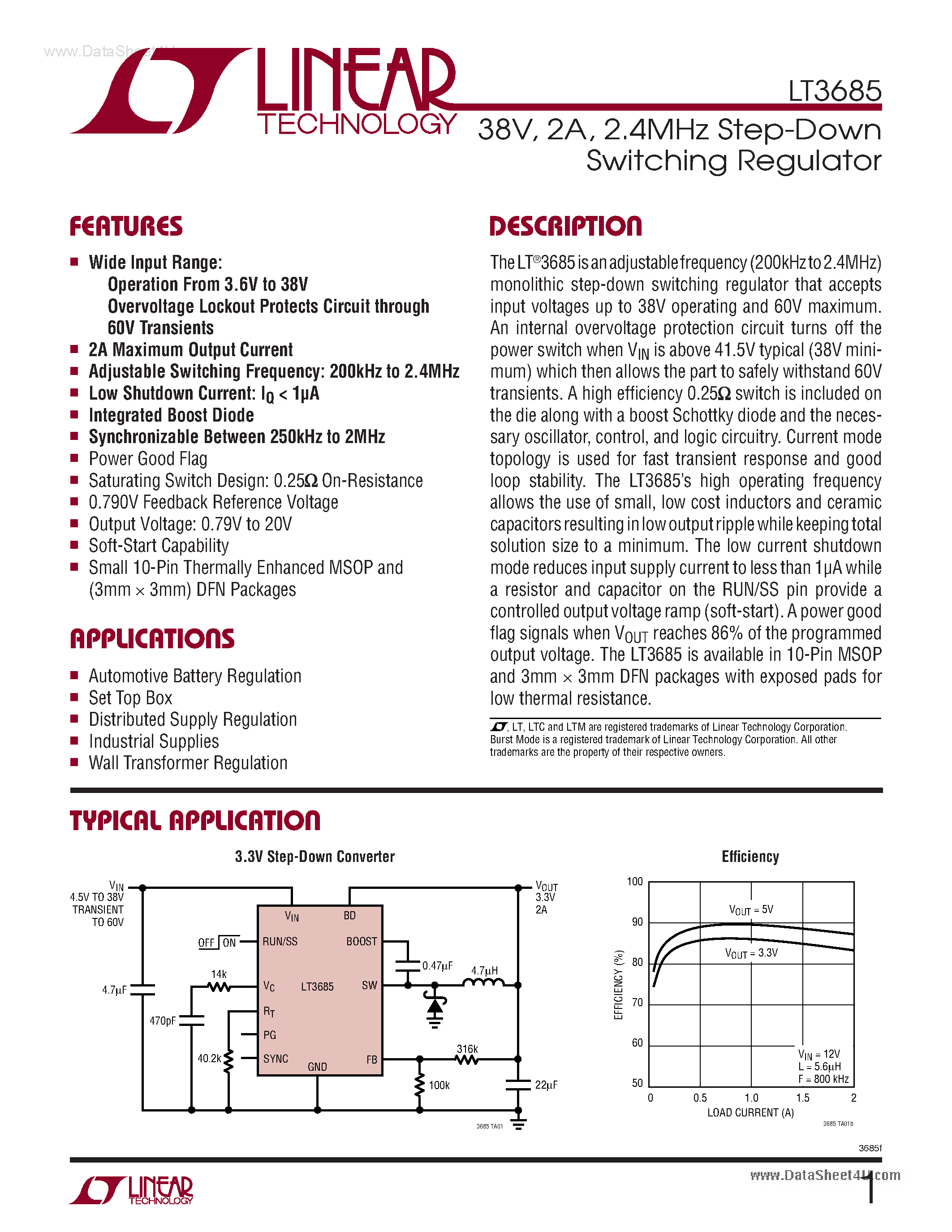 Datasheet LT3685 page 1 Datasheet LT3685 - Step-Down Switching Regulator page 1