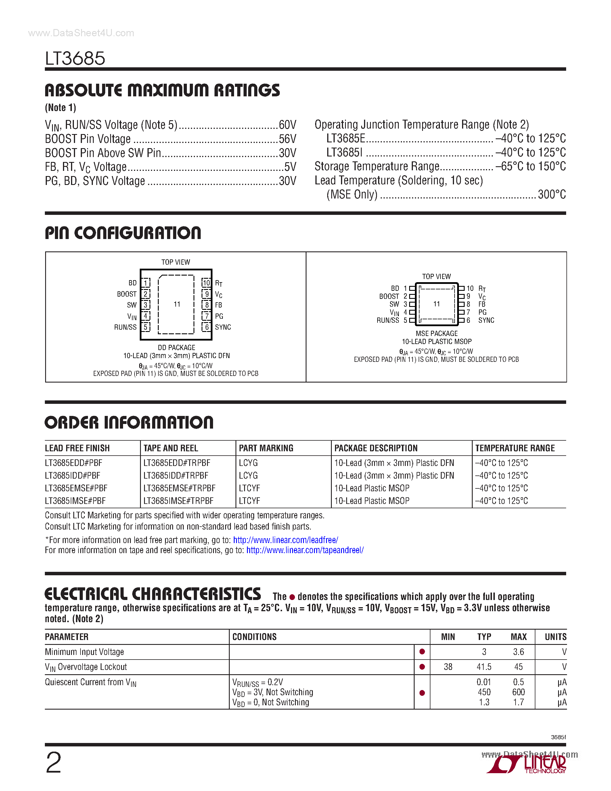Datasheet LT3685 page 2 Datasheet LT3685 - Step-Down Switching Regulator page 2
