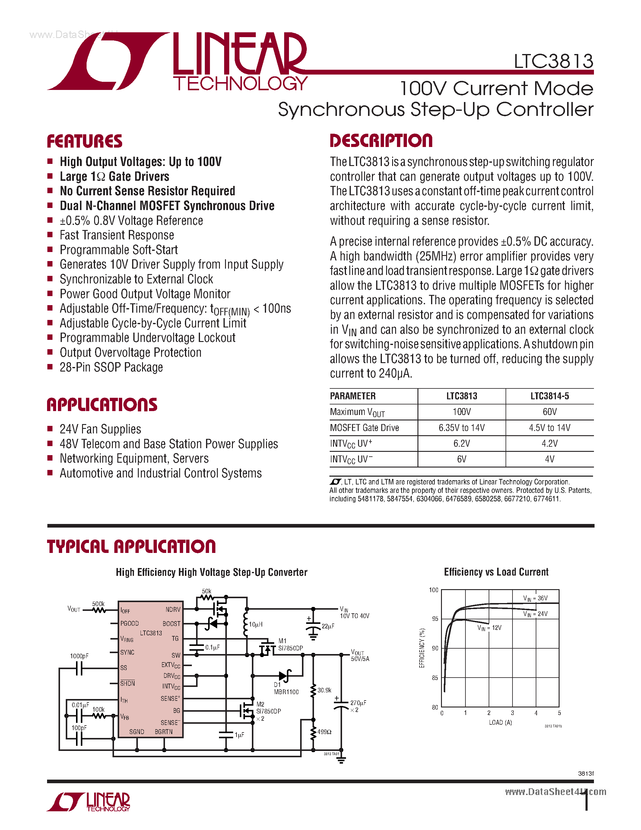 Datasheet LTC3813 - 100V Current Mode Synchronous Step-Up Controller page 1