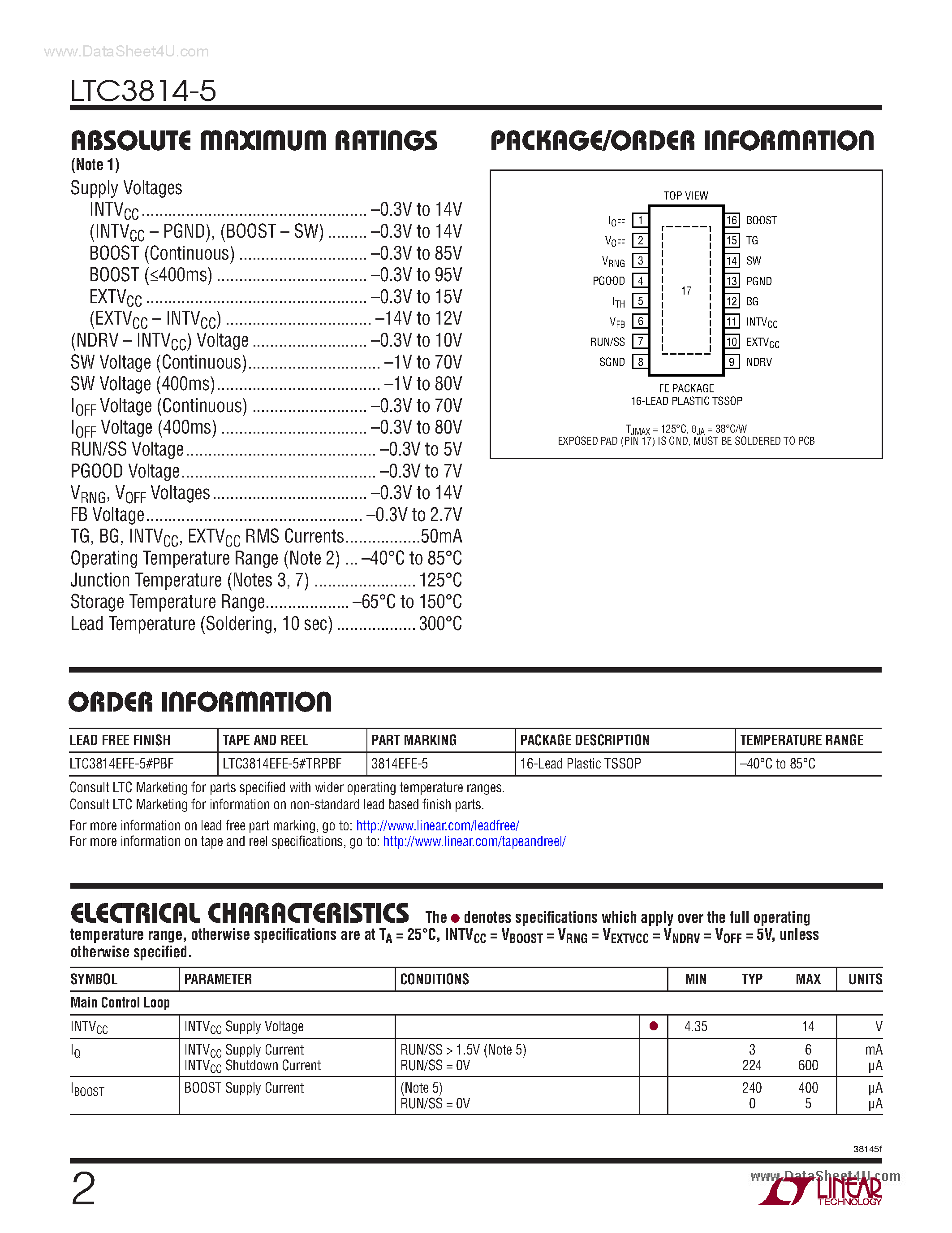 Datasheet LTC3814-5 - 60V Current Mode Synchronous Step-Up Controller page 2