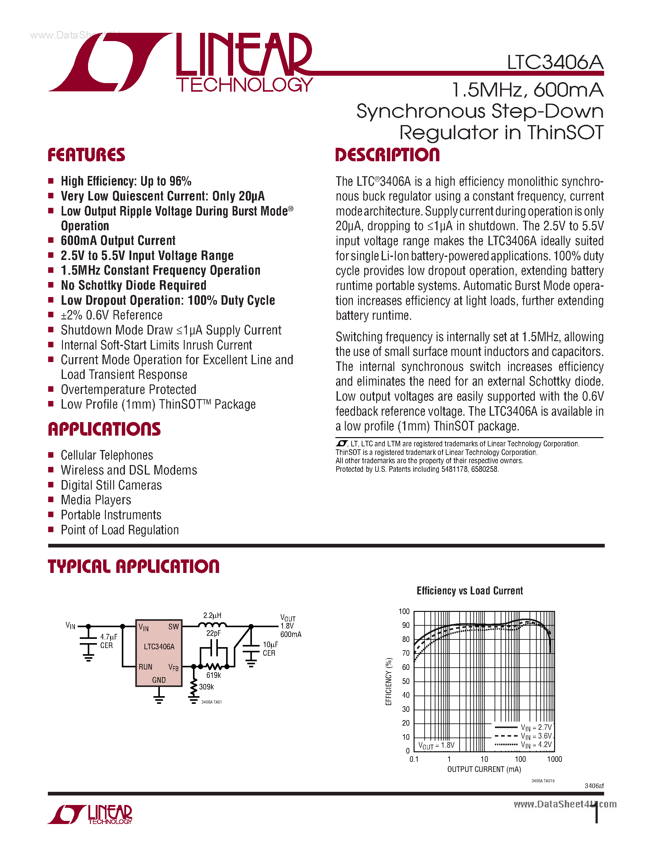Datasheet LTC3406A page 1 Datasheet LTC3406A - 600mA Synchronous Step-Down Regulator page 1