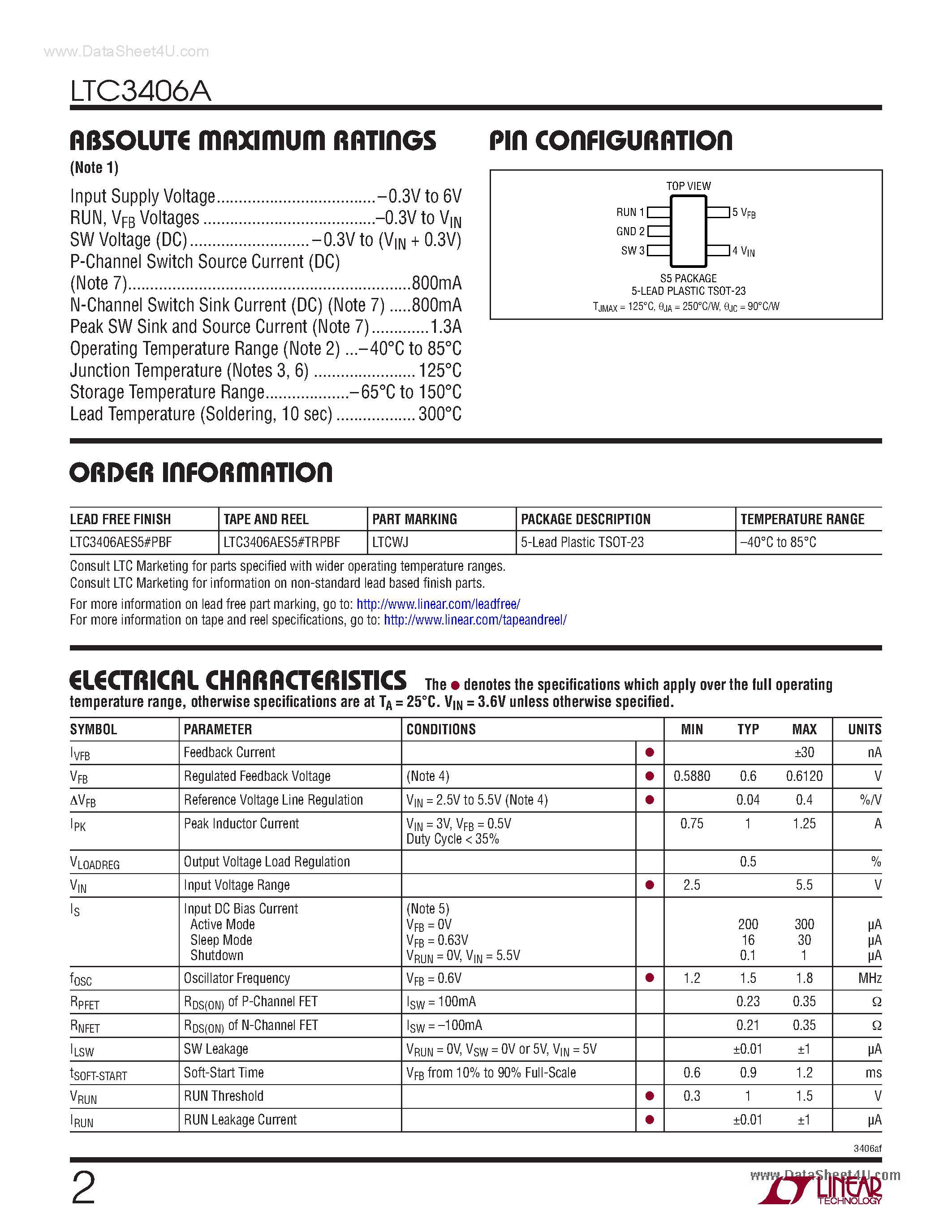 Datasheet LTC3406A page 2 Datasheet LTC3406A - 600mA Synchronous Step-Down Regulator page 2