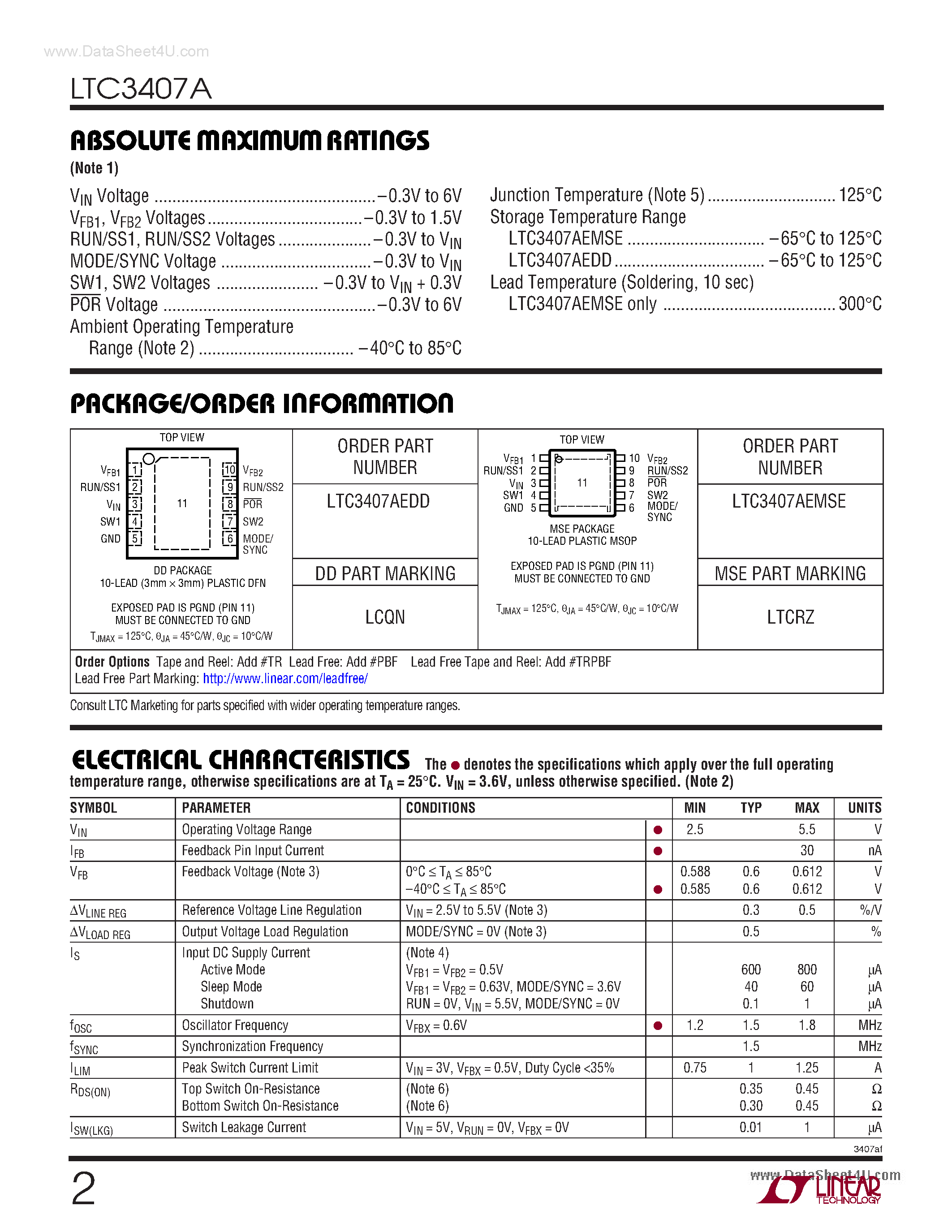 Datasheet LTC3407A - Step-Down DC/DC Regulator page 2