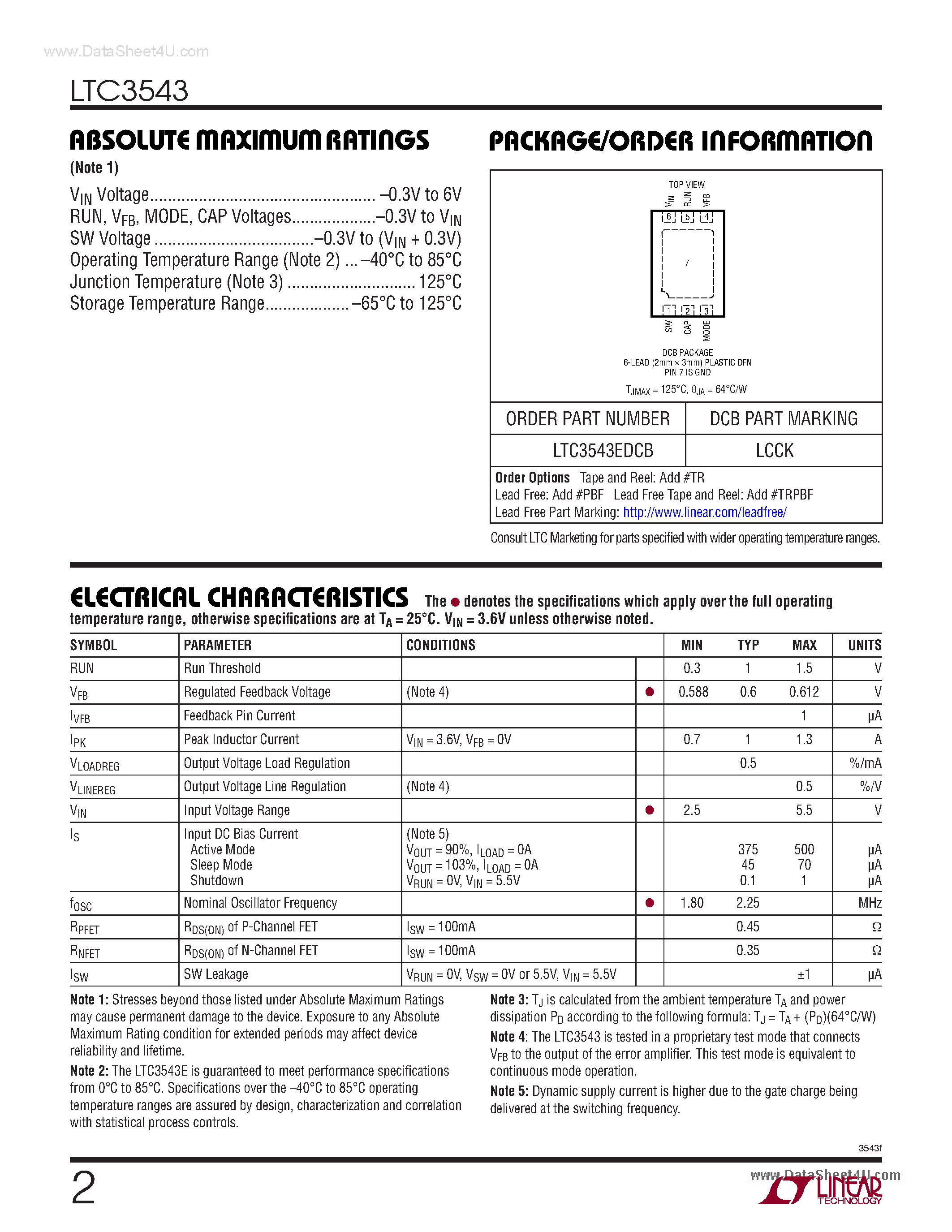 Datasheet LTC3543 - 600mA Synchronous Step Down Buck Regulator page 2