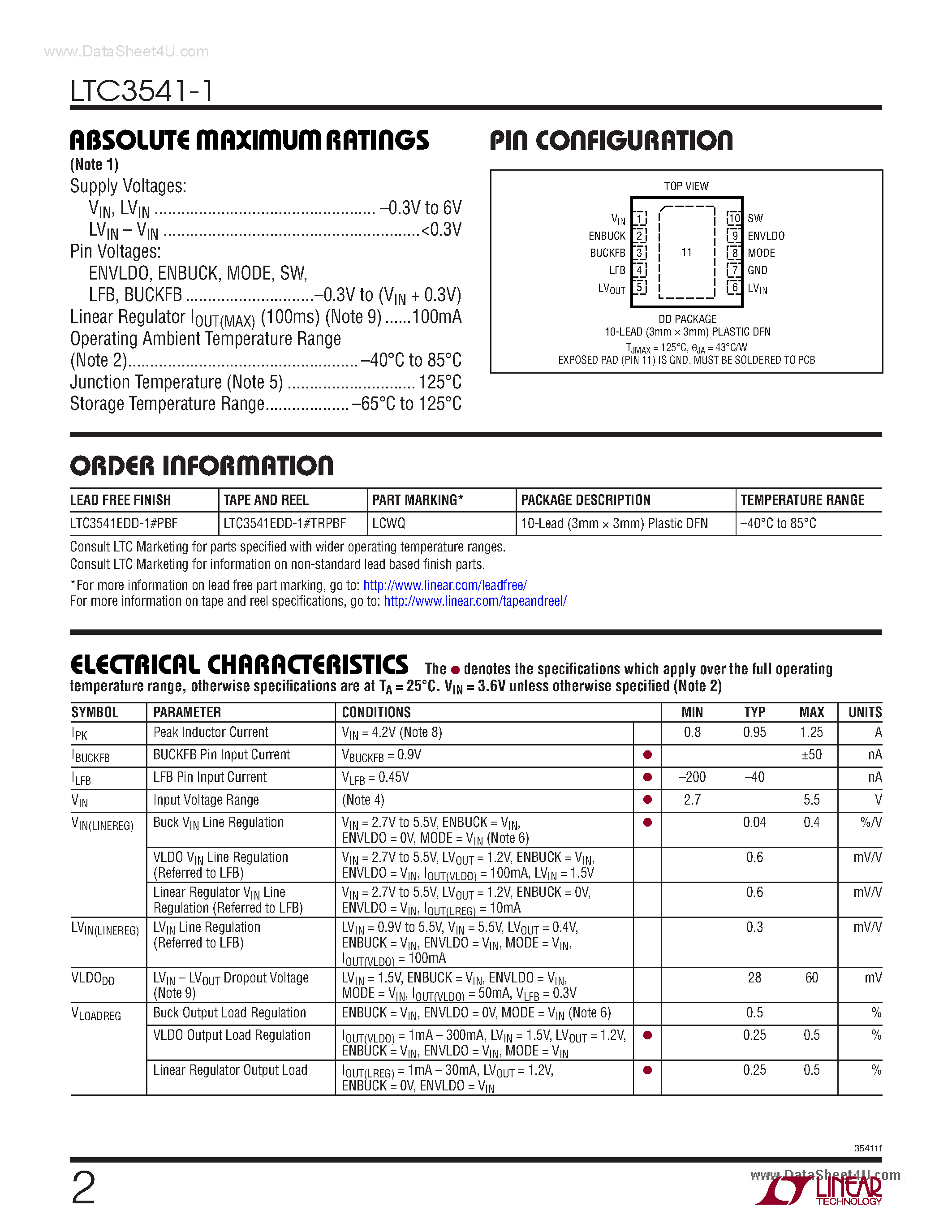 Даташит LTC3541-1 - High Efficiency Buck + VLDO Regulator страница 2