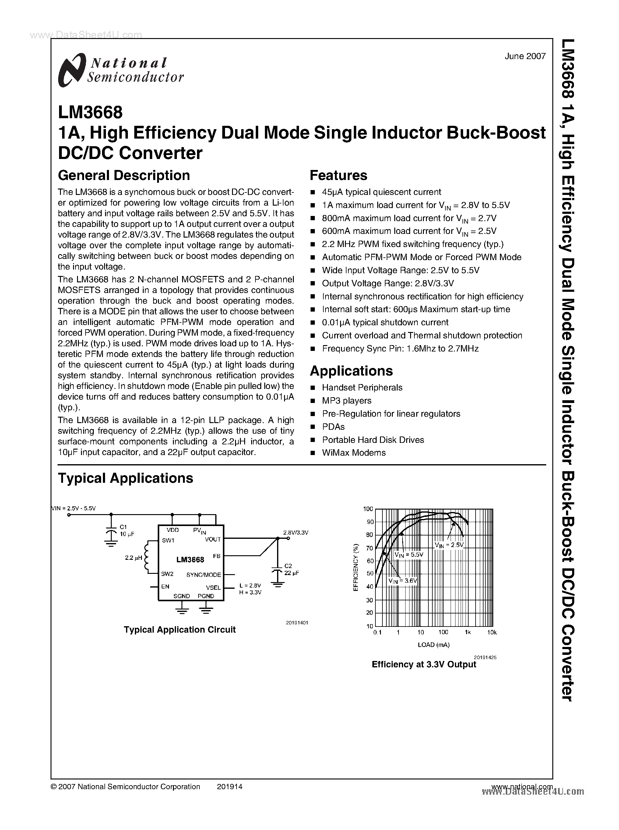 Datasheet LM3668 - High Efficiency Dual Mode Single Inductor Buck-Boost DC/DC Converter page 1