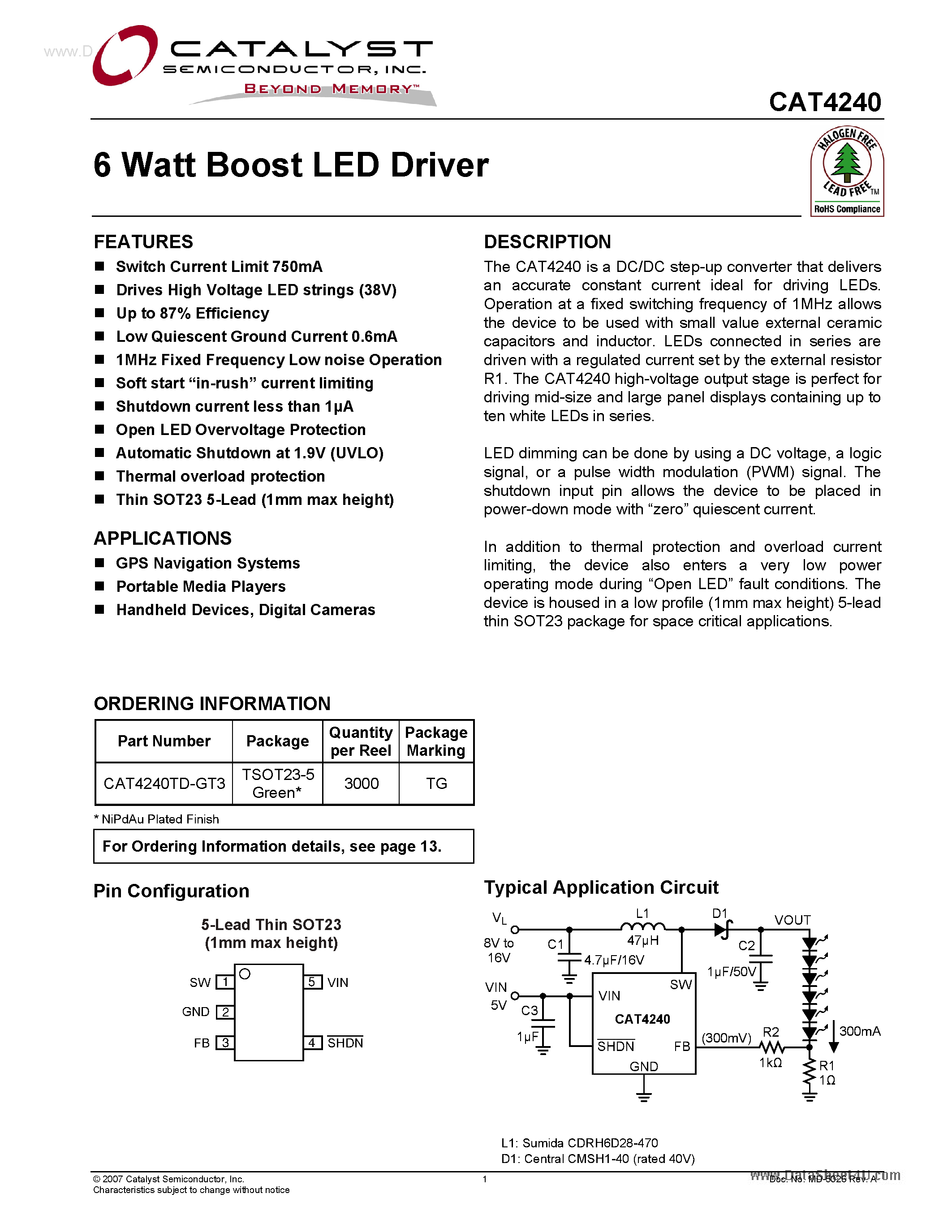 Datasheet CAT4240 - 6 Watt Boost LED Driver page 1