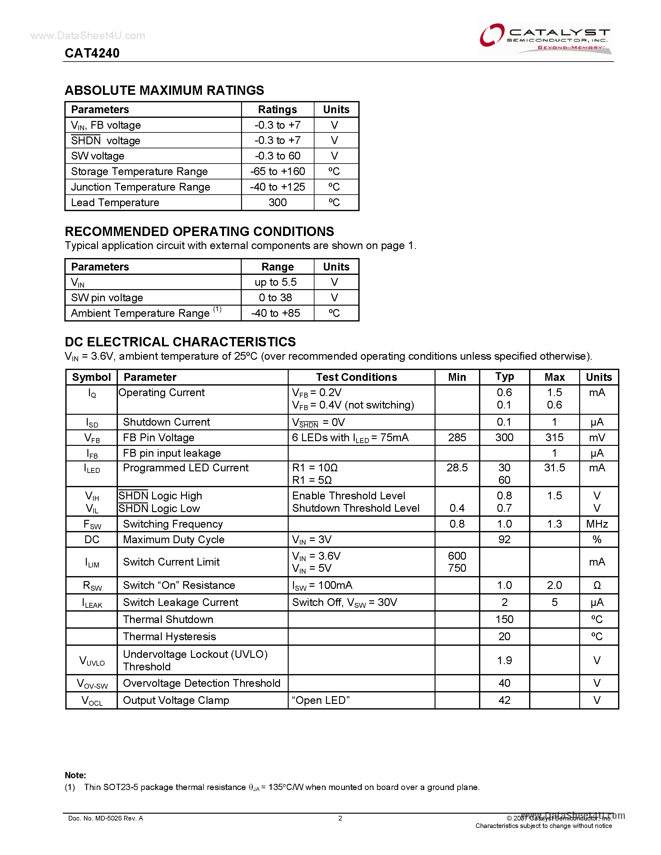 Datasheet CAT4240 - 6 Watt Boost LED Driver page 2