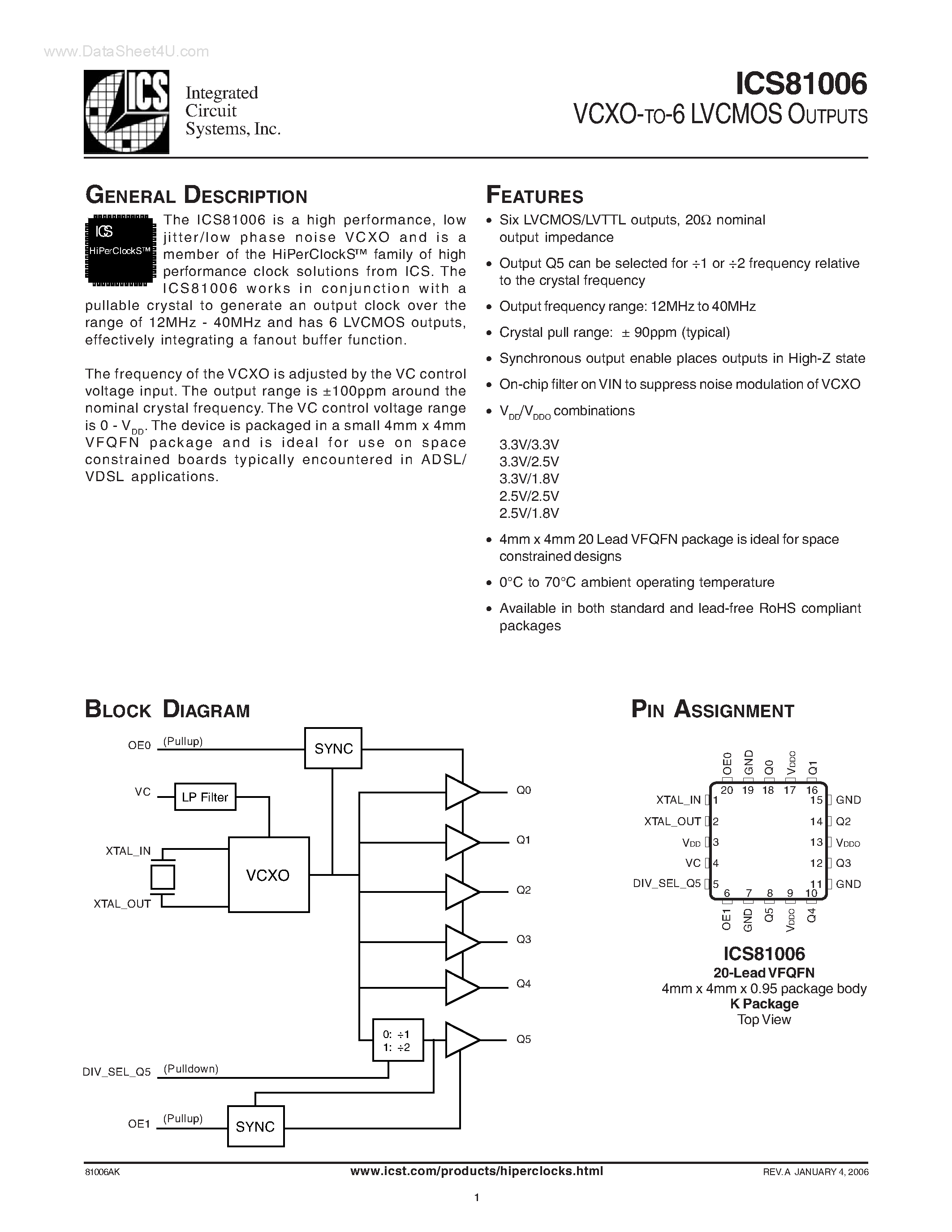 Datasheet ICS81006 - VCXO-TO-6 LVCMOS OUTPUTS page 1
