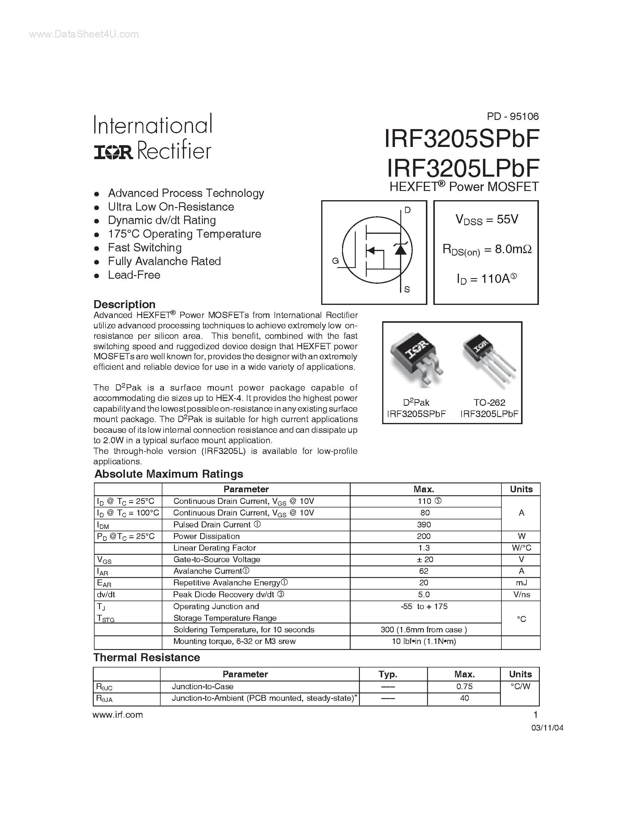 Datasheet IRF3205LPBF - Power MOSFET page 1