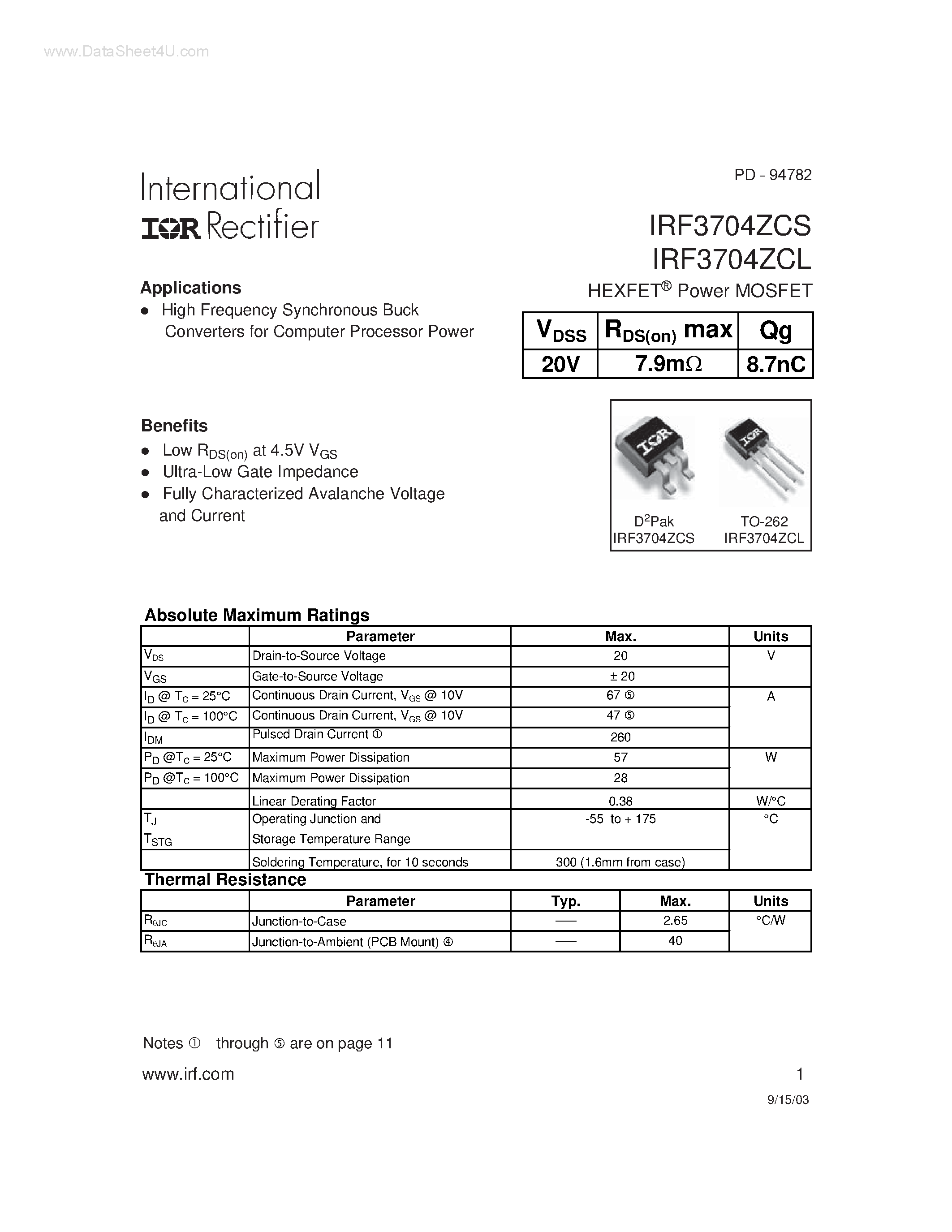 Datasheet IRF3704ZCL - Power MOSFET page 1