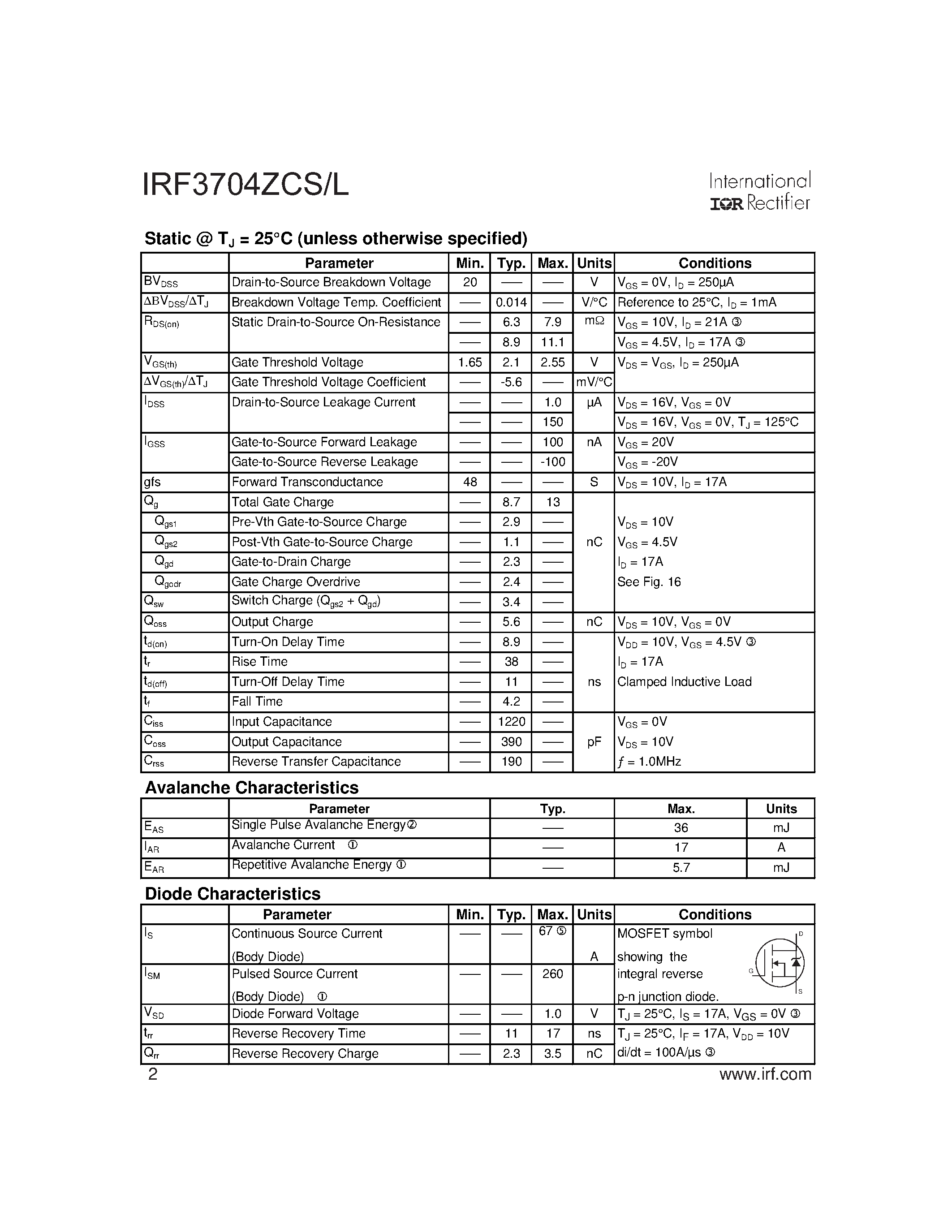 Datasheet IRF3704ZCL - Power MOSFET page 2