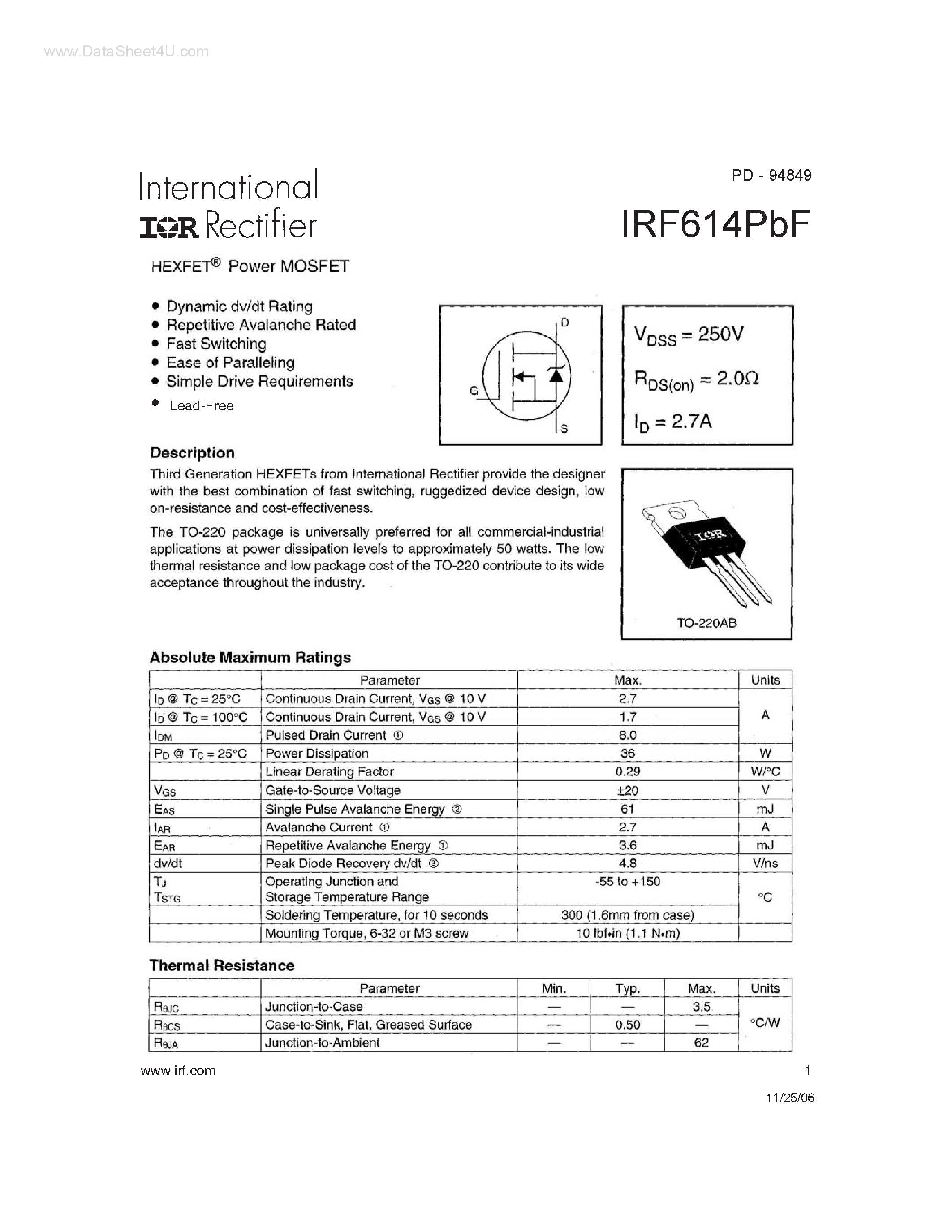 Datasheet IRF614PBF page 1 Datasheet IRF614PBF - hexfet power mosfet page 1