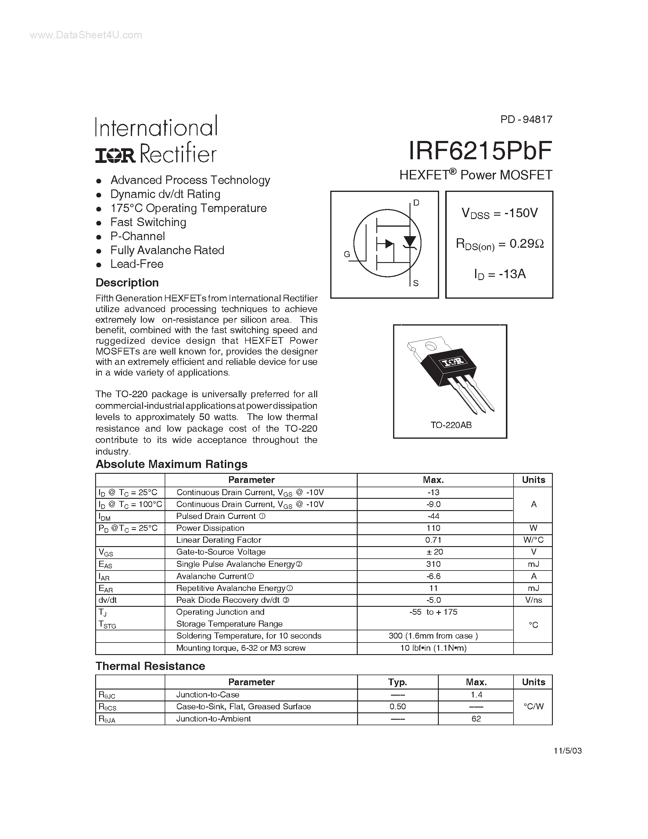 Datasheet IRF6215PBF - Power MOSFET page 1
