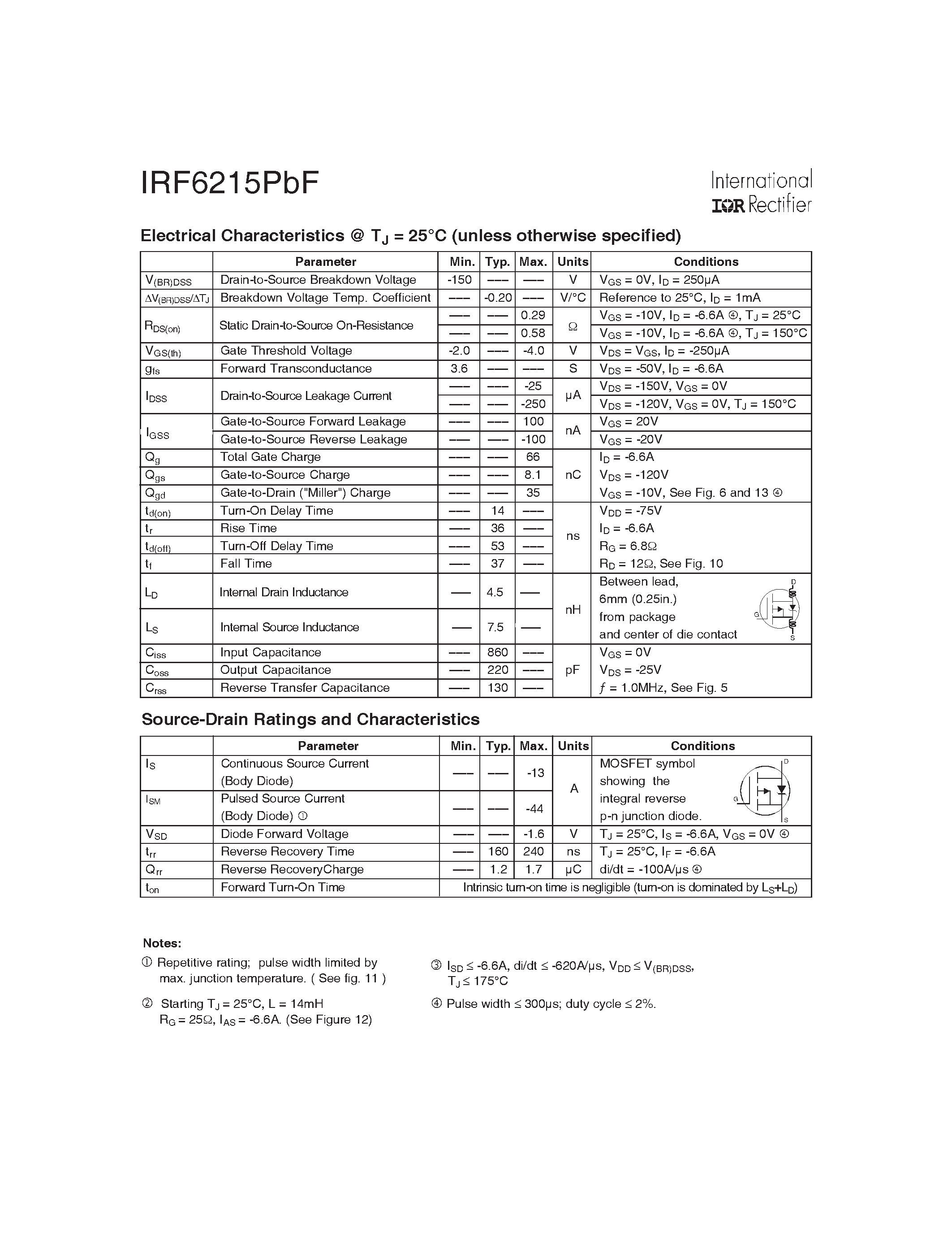 Datasheet IRF6215PBF - Power MOSFET page 2