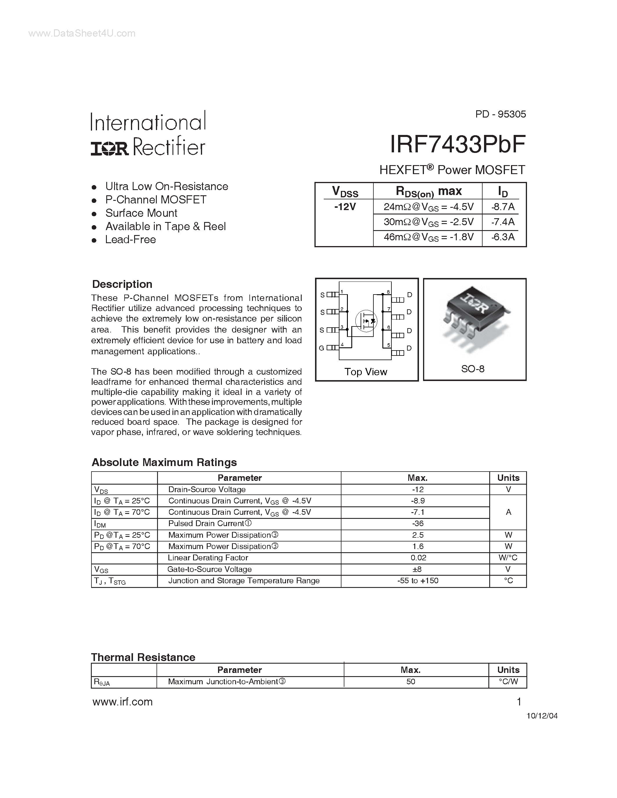 Datasheet IRF7433PBF - Power MOSFET page 1