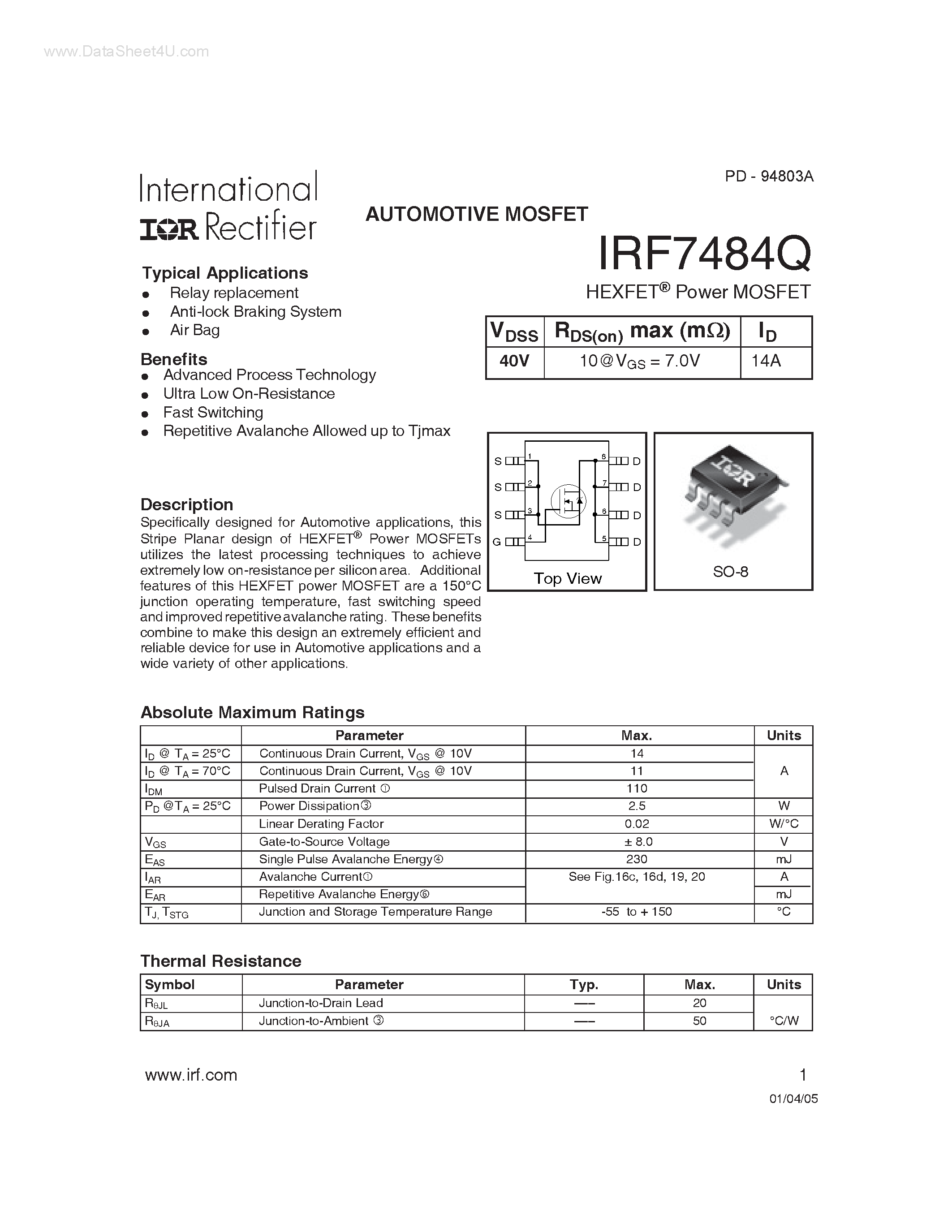 Datasheet IRF7484Q - AUTOMOTIVE MOSFET page 1