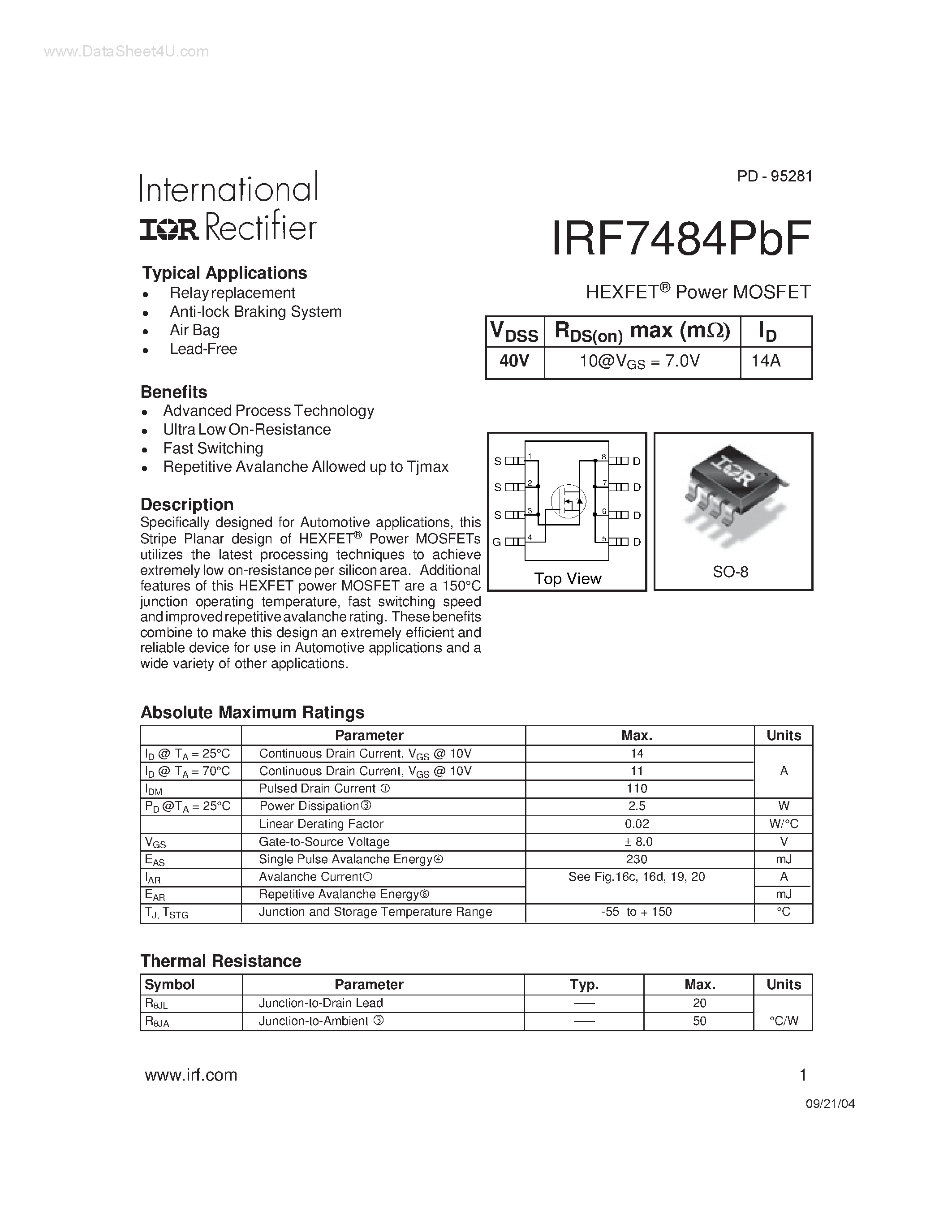Datasheet IRF7484PBF - Power MOSFET page 1