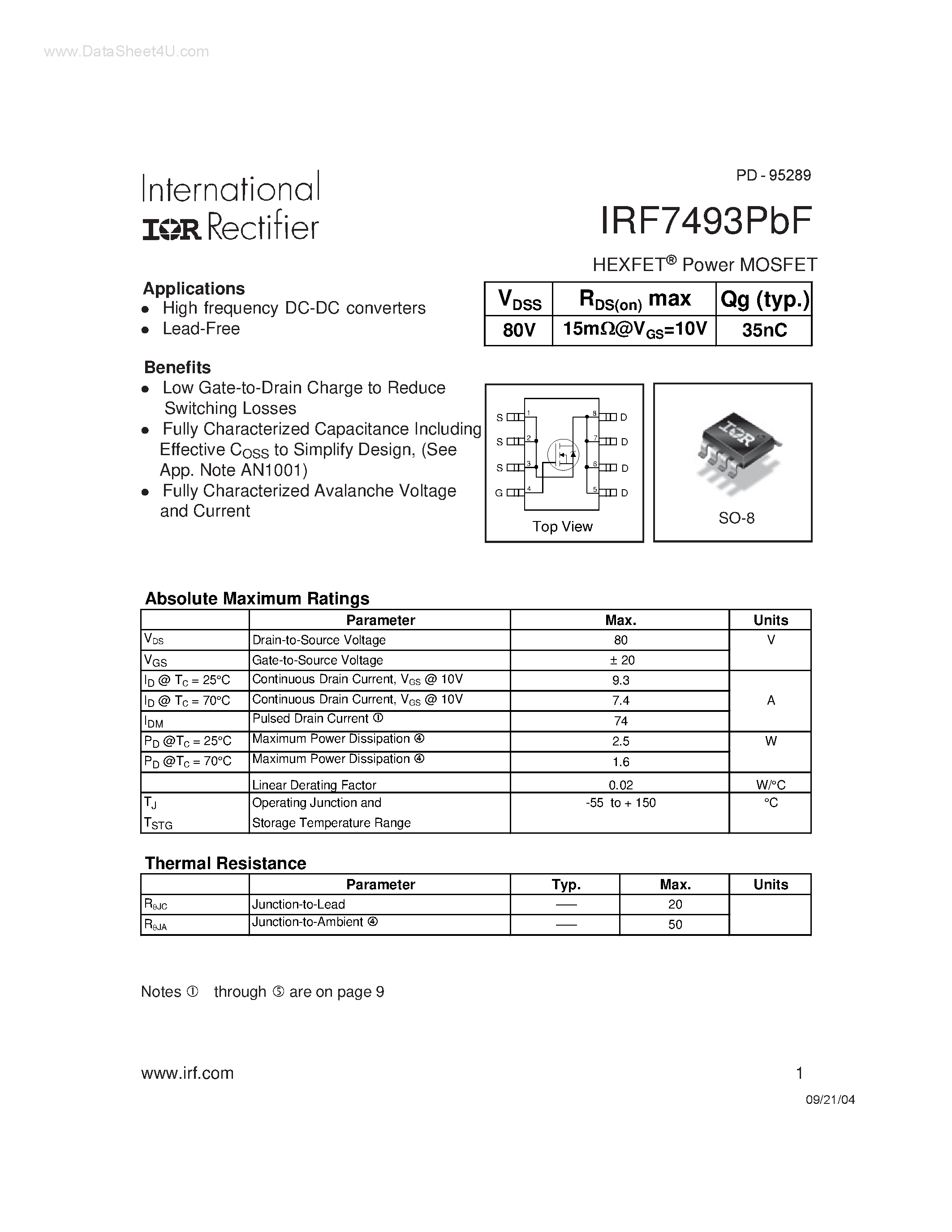 Datasheet IRF7493PBF - Power MOSFET page 1