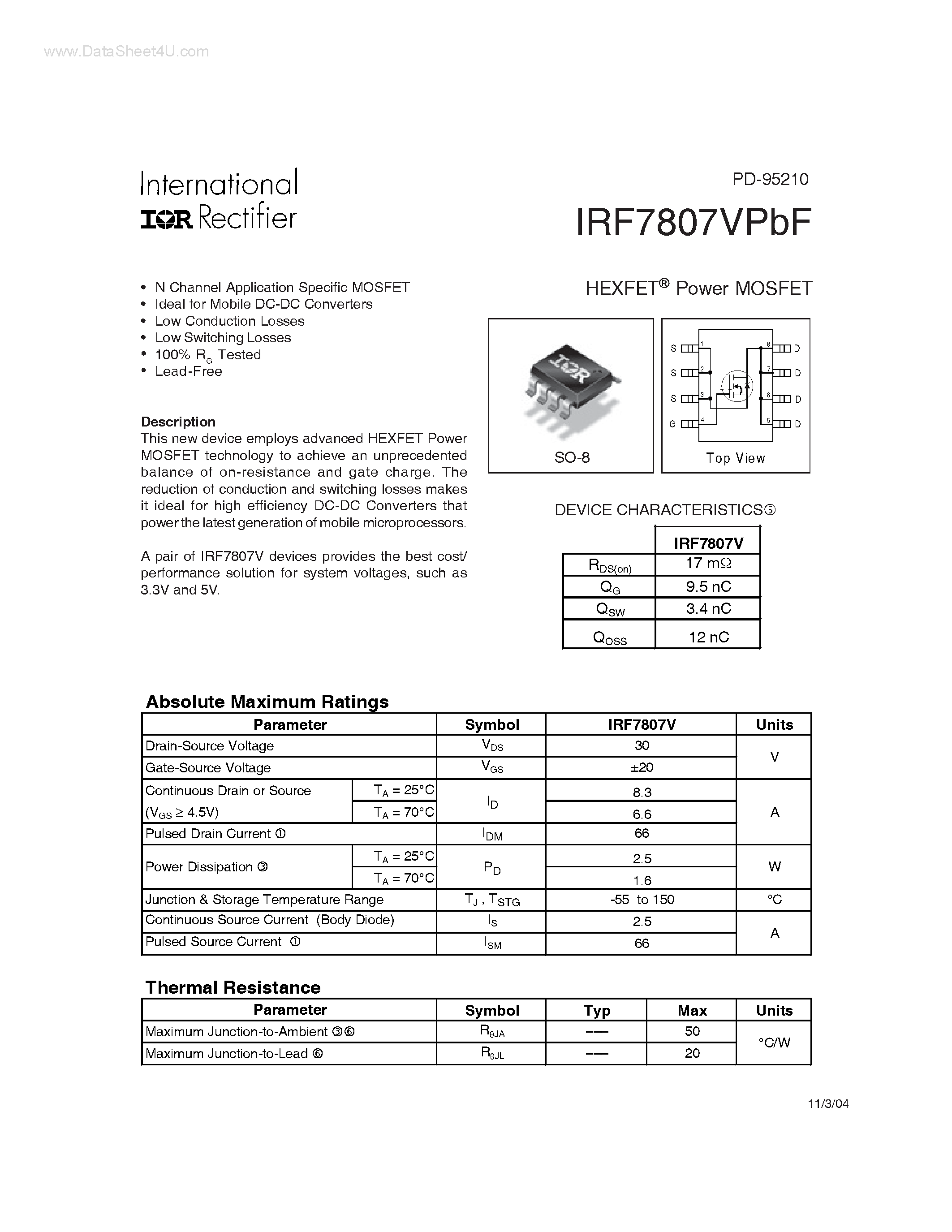 Datasheet IRF7807VPBF - Power MOSFET page 1