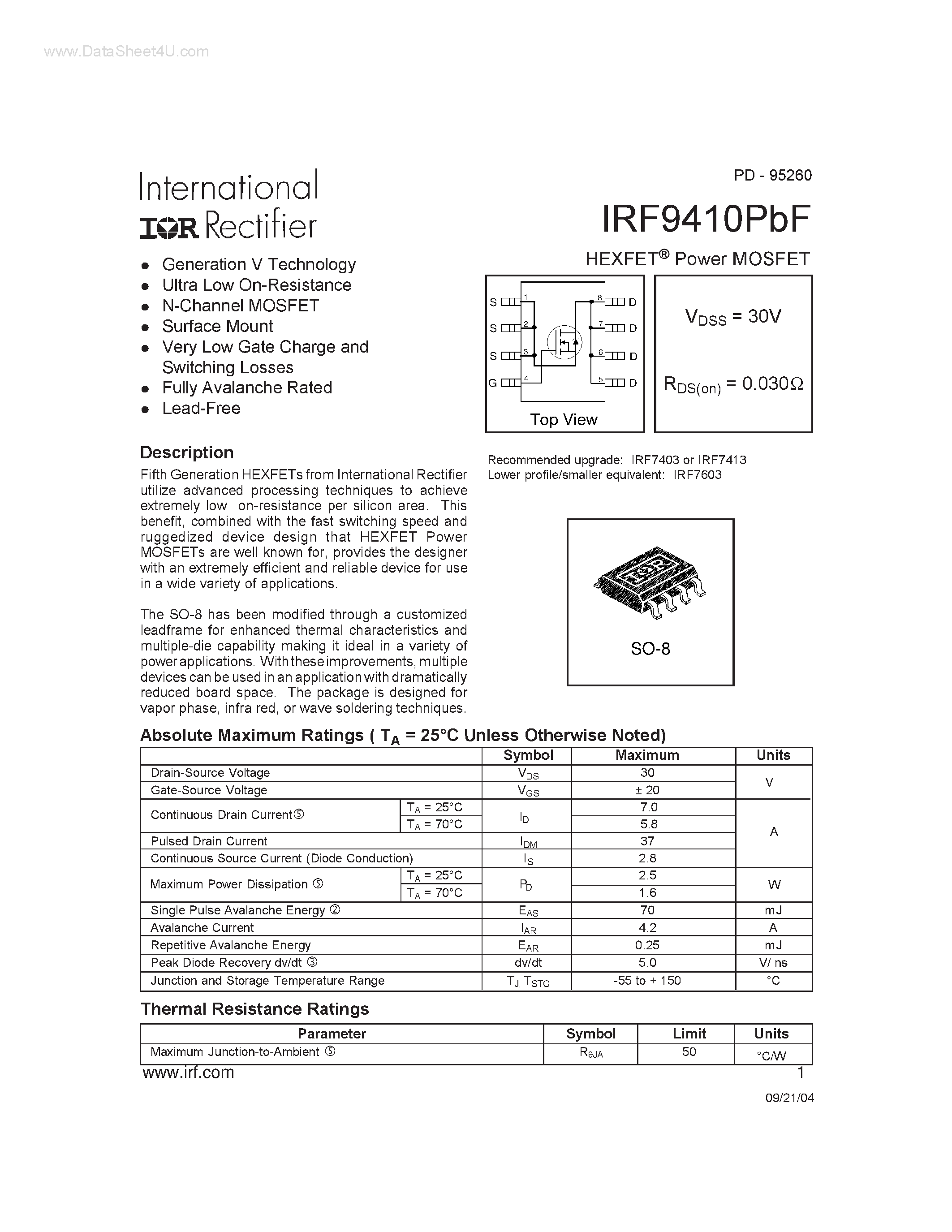 Datasheet IRF9410PBF - Power MOSFET page 1