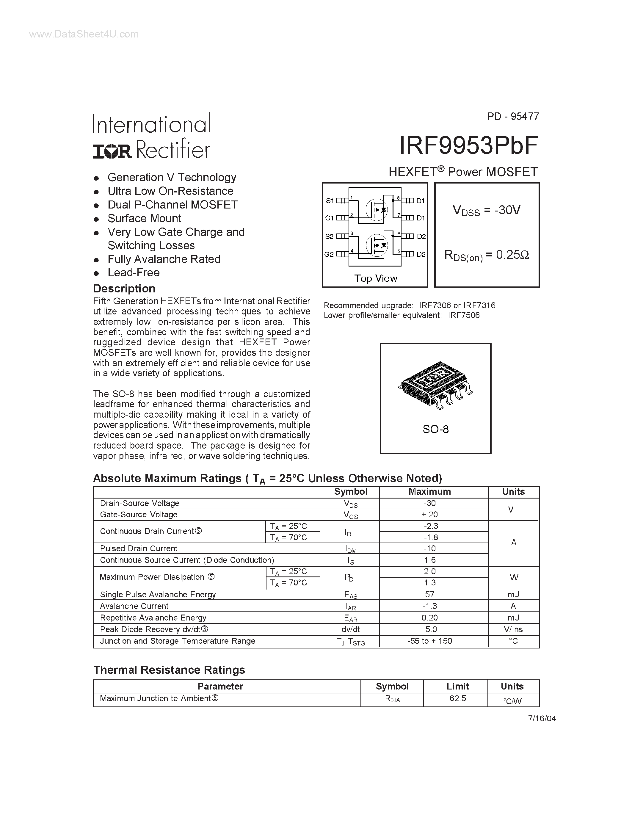 Datasheet IRF9953PBF - Power MOSFET page 1
