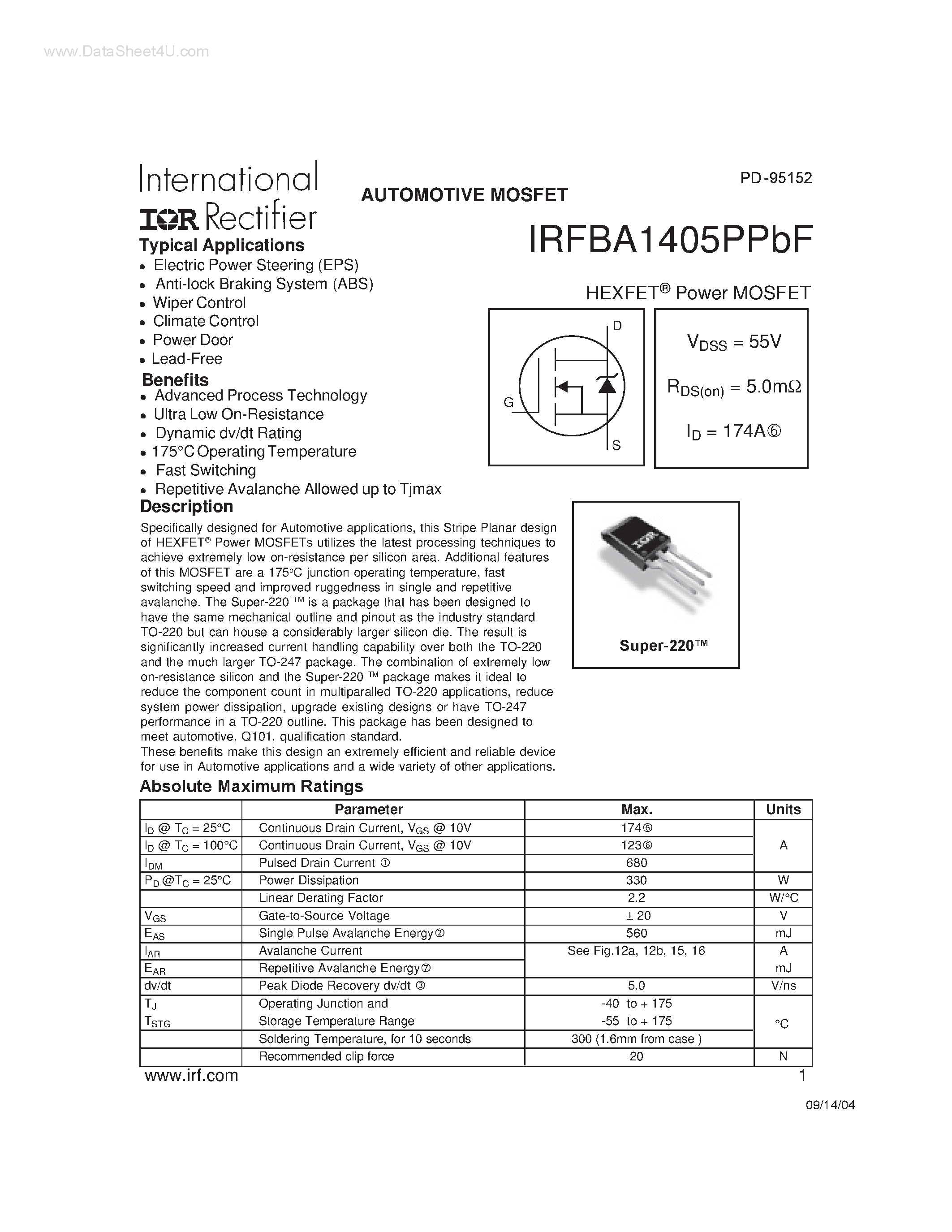 Datasheet IRFBA1405PPBF - Power MOSFET page 1