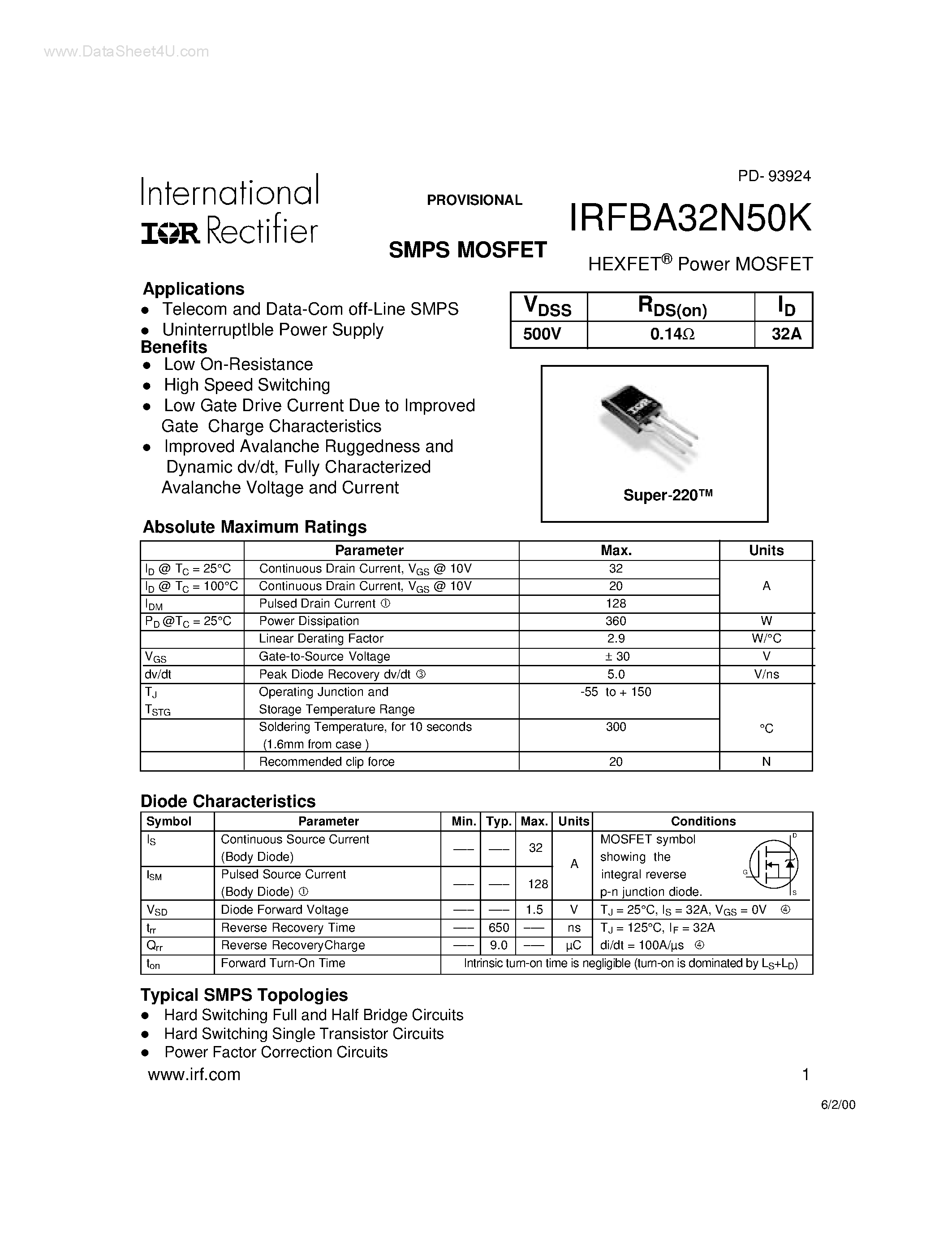 Datasheet IRFBA32N50K - Power MOSFET page 1