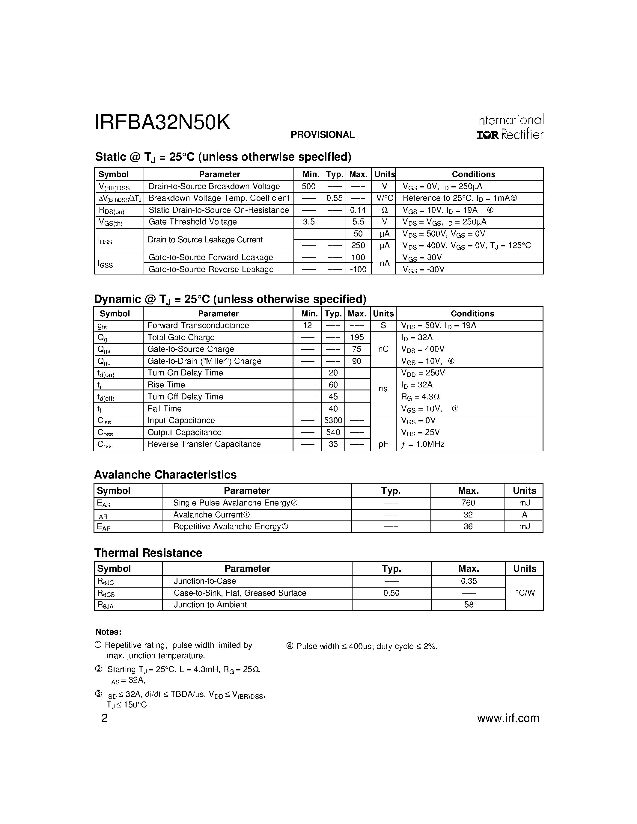 Datasheet IRFBA32N50K - Power MOSFET page 2